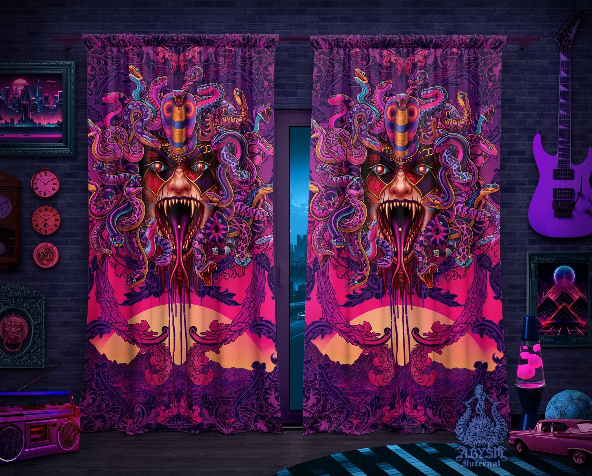 Psychedelic Blackout Curtains, Long Window Panels, Vaporwave Art Print, Retrowave Room Decor, 80s Gamer Synthwave Home and Shop Decor - Medusa Rage - Abysm Internal