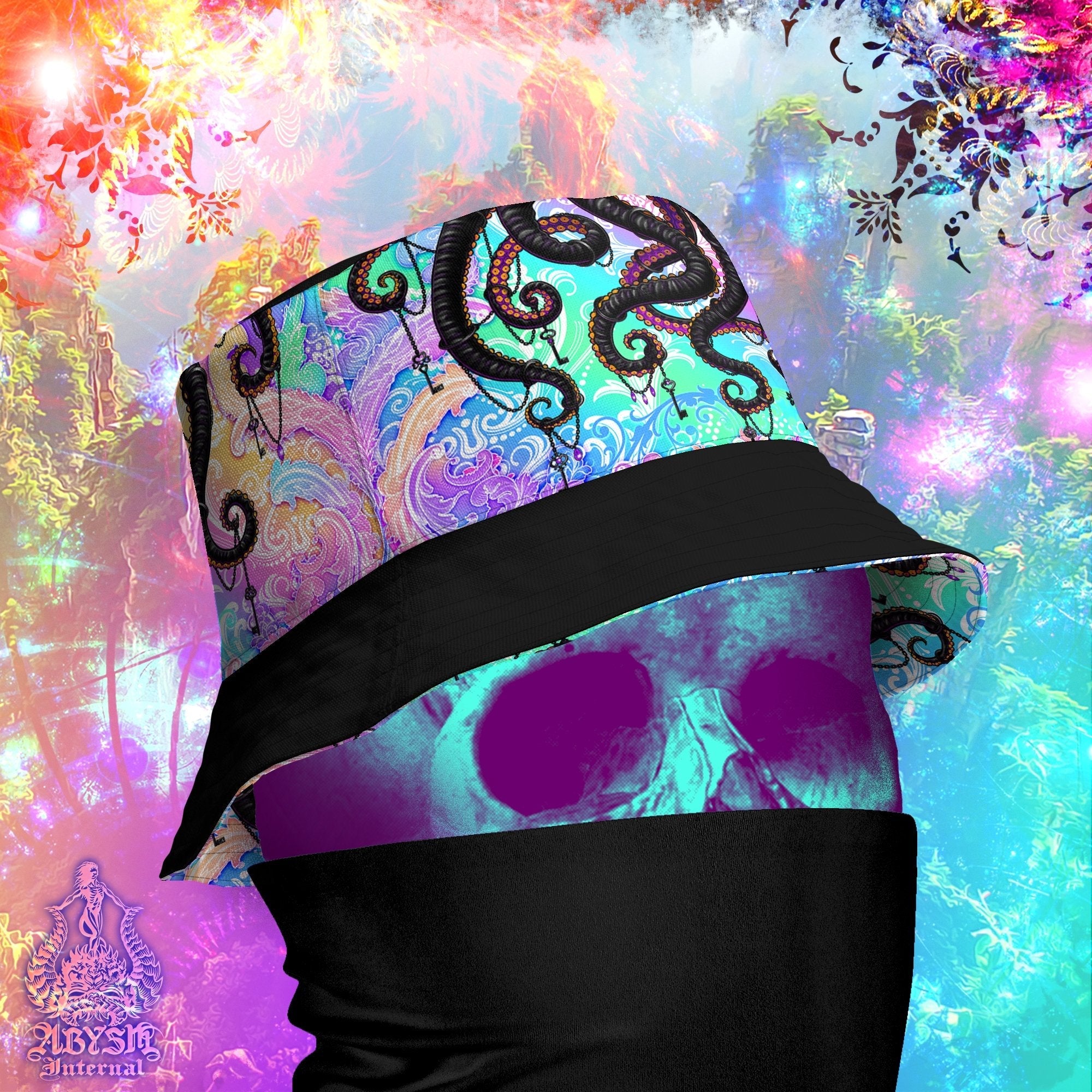 Psychedelic Bucket Hat, Trippy Streetwear, Pastel Summer Hat, Indie Beach Accessory with Linen feel, Reversible & Unisex - Colorful Octopus - Abysm Internal