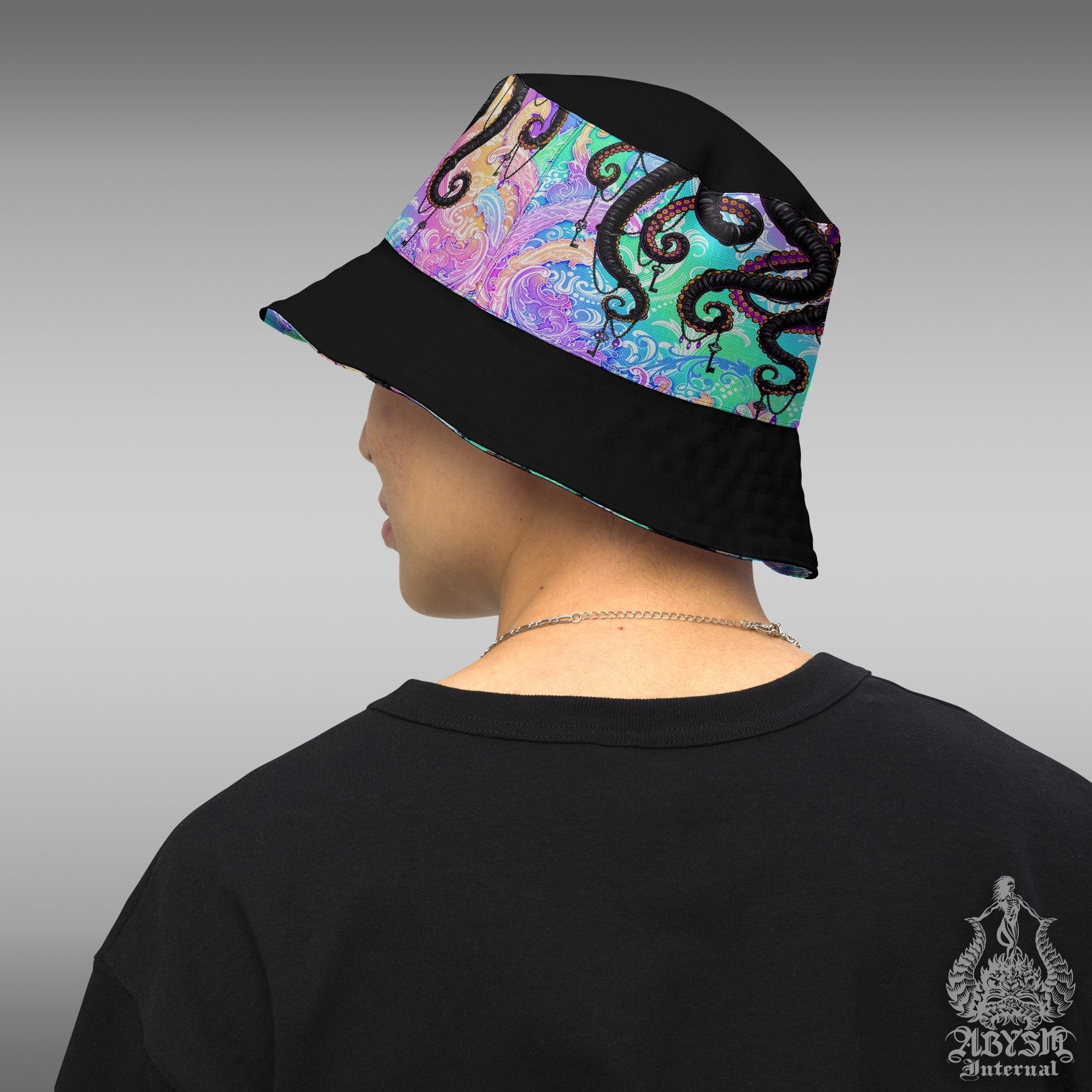 Psychedelic Bucket Hat, Trippy Streetwear, Pastel Summer Hat, Indie Beach Accessory with Linen feel, Reversible & Unisex - Colorful Octopus - Abysm Internal