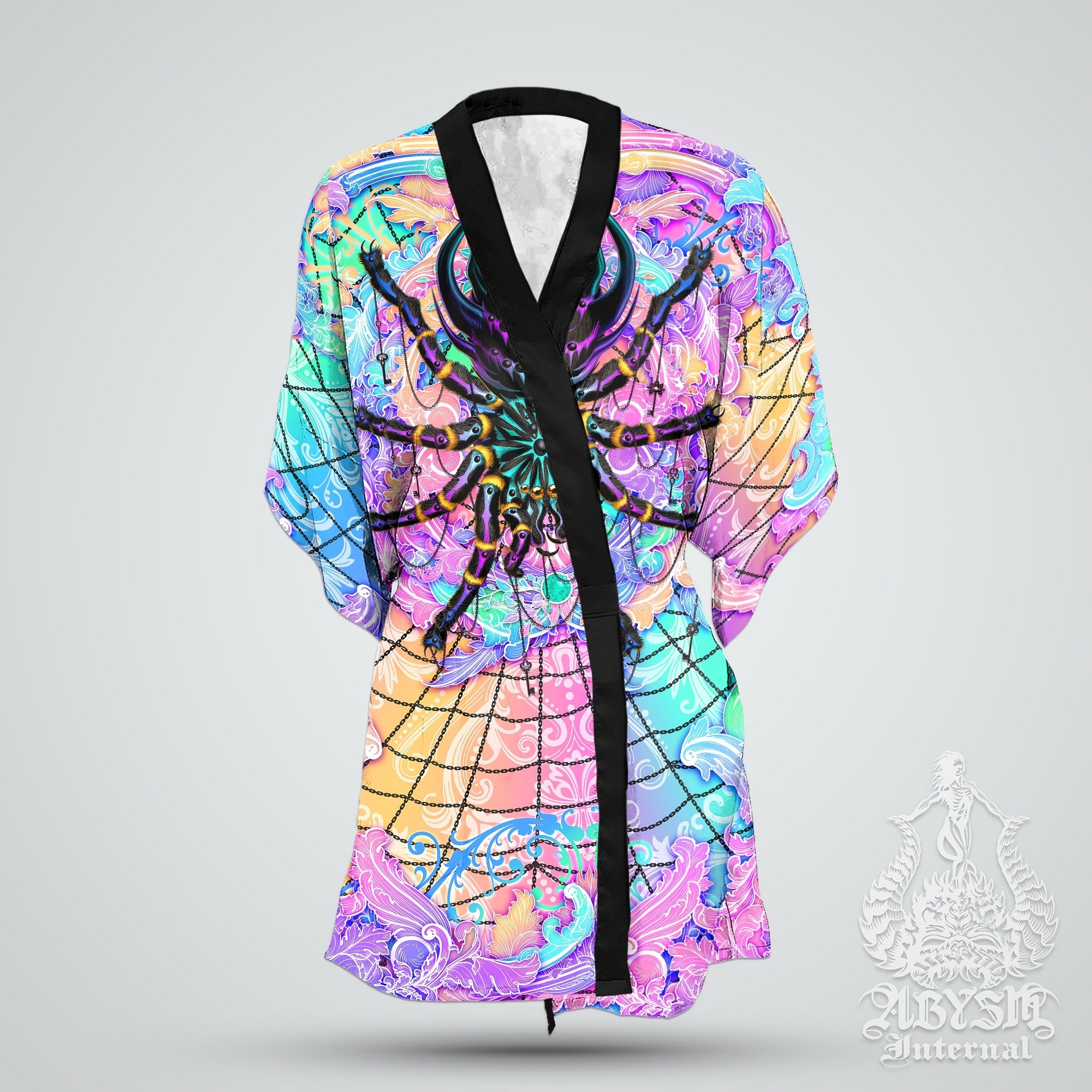 Psychedelic Cover Up, Aesthetic Pastel Punk, Beach Rave Outfit, Rave Party Kimono, Summer Festival Robe, Holographic Clothing, Unisex - Black Tarantula Spider - Abysm Internal
