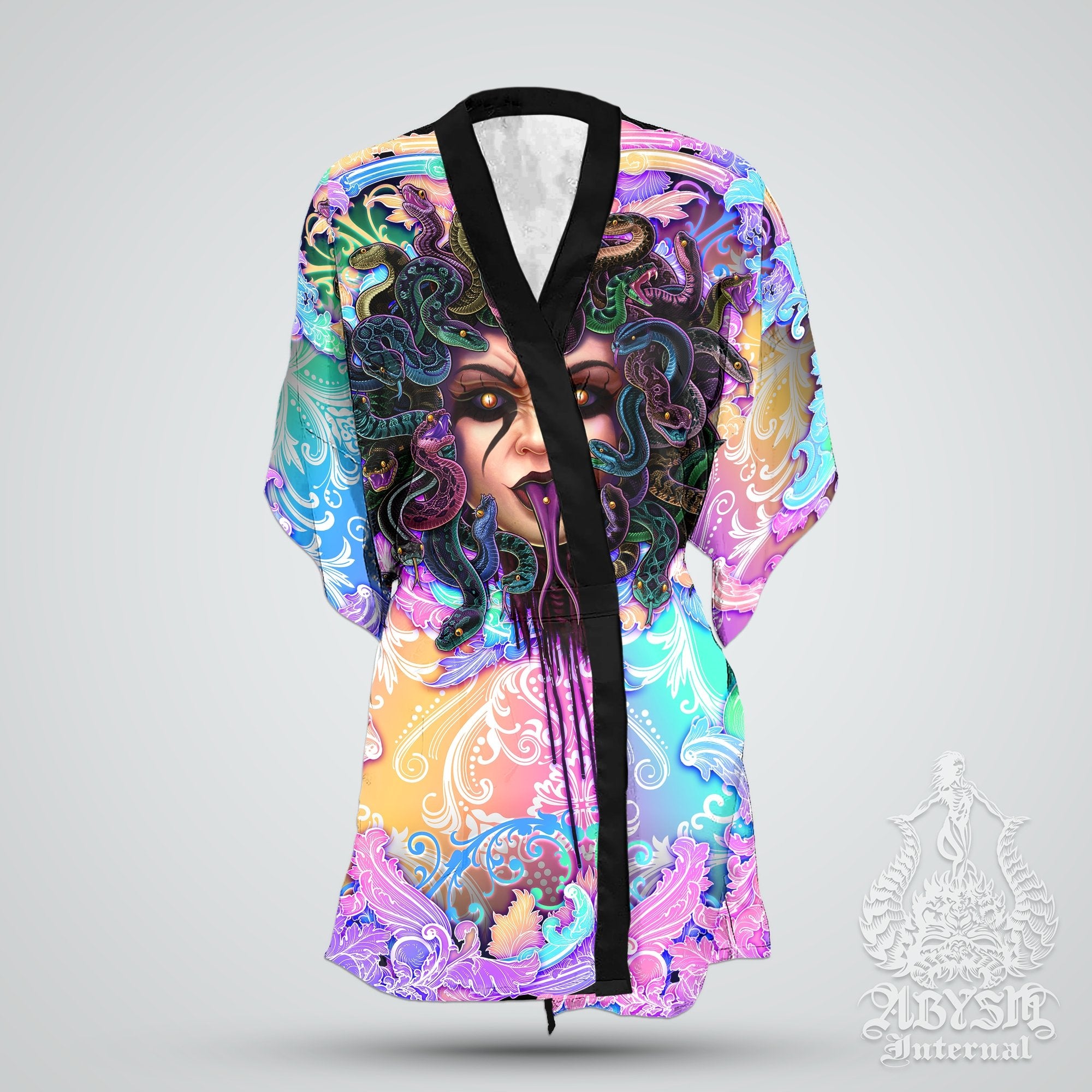Psychedelic Cover Up, Beach Rave Outfit, Party Kimono, Summer Festival Robe, Aesthetic Indie and Alternative Clothing, Unisex - Medusa, Holographic Pastel Punk Black, Mock - Abysm Internal
