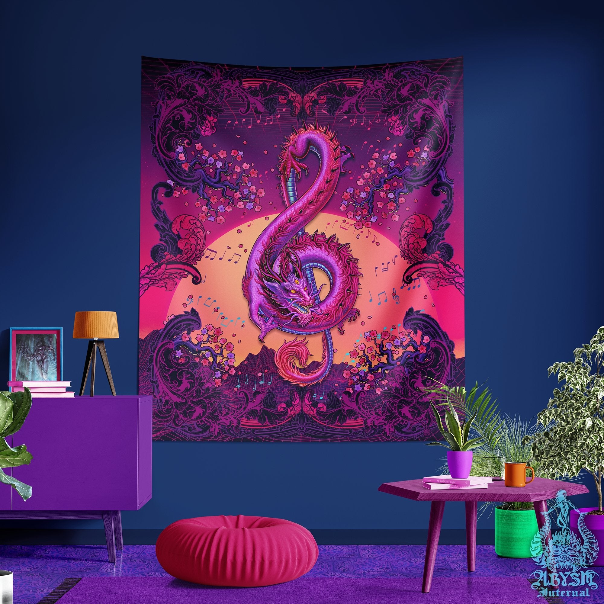 Psychedelic Dragon Tapestry, Vaporwave Wall Hanging, Retrowave 80s Home Decor, Synthwave Art Print, Eclectic and Funky - Music - Abysm Internal