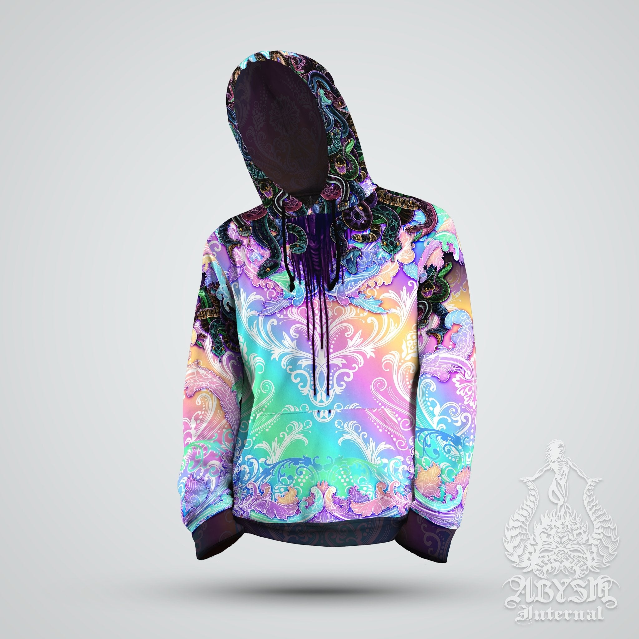 Psychedelic Hoodie, Aesthetic Streetwear, Rave Outfit, Holographic and Trippy Festival Sweater, Pastel Punk Black Clothing, Unisex - Medusa - Abysm Internal