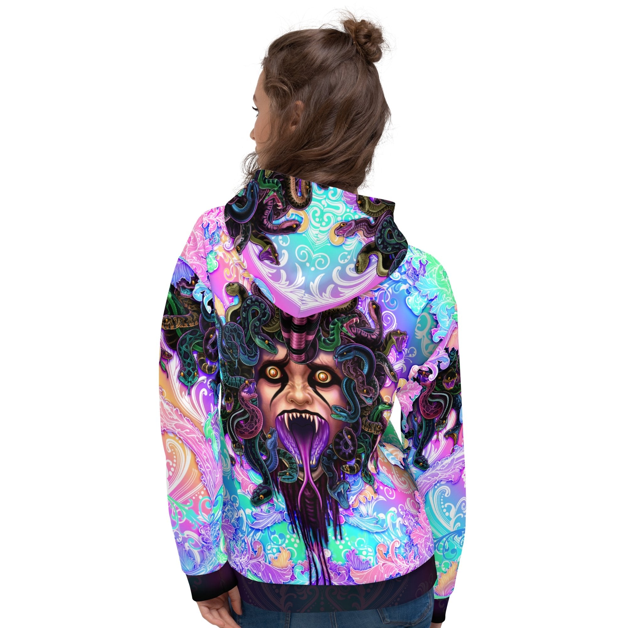 Psychedelic Hoodie, Aesthetic Streetwear, Rave Outfit, Holographic and Trippy Festival Sweater, Pastel Punk Black Clothing, Unisex - Medusa - Abysm Internal