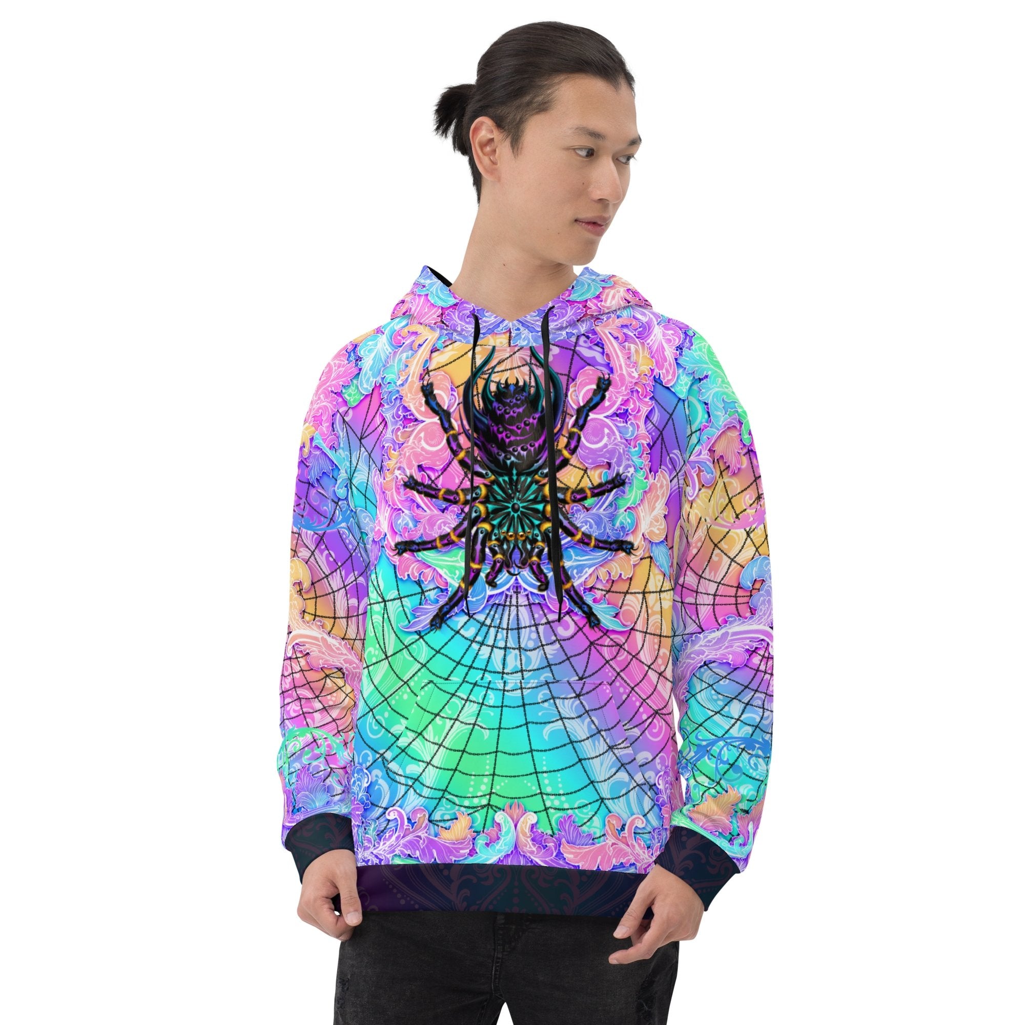Psychedelic Hoodie, Aesthetic Streetwear, Rave Outfit, Skater and Festival Apparel, Holographic Pastel Punk Clothing, Unisex - Tarantula, Black Spider Art - Abysm Internal
