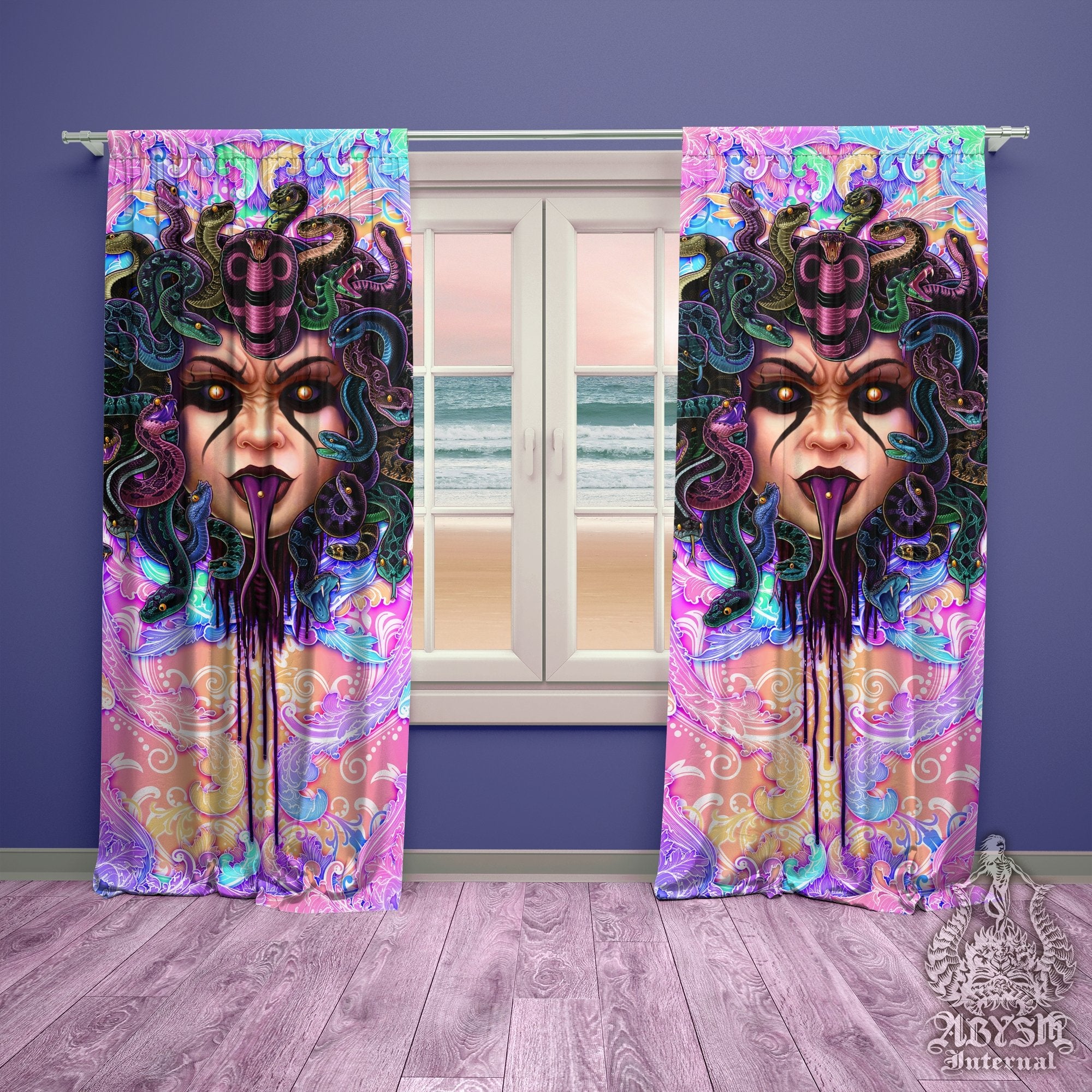 Psychedelic Medusa Blackout Curtains, Long Window Panels, Aesthetic Art Print, Kawaii Gamer Room Decor, Funky and Eclectic Home Decor - Pastel Punk Black & Snakes, Mocking - Abysm Internal