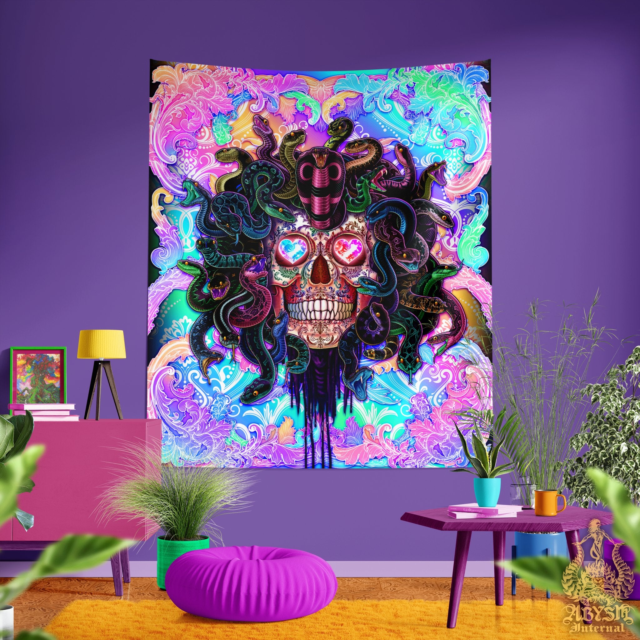 Psychedelic Medusa Tapestry, Funky Wall Hanging, Aesthetic Home Decor, Vertical Art Print, Eclectic and Funky - Pastel Punk Black, 4 Faces - Abysm Internal