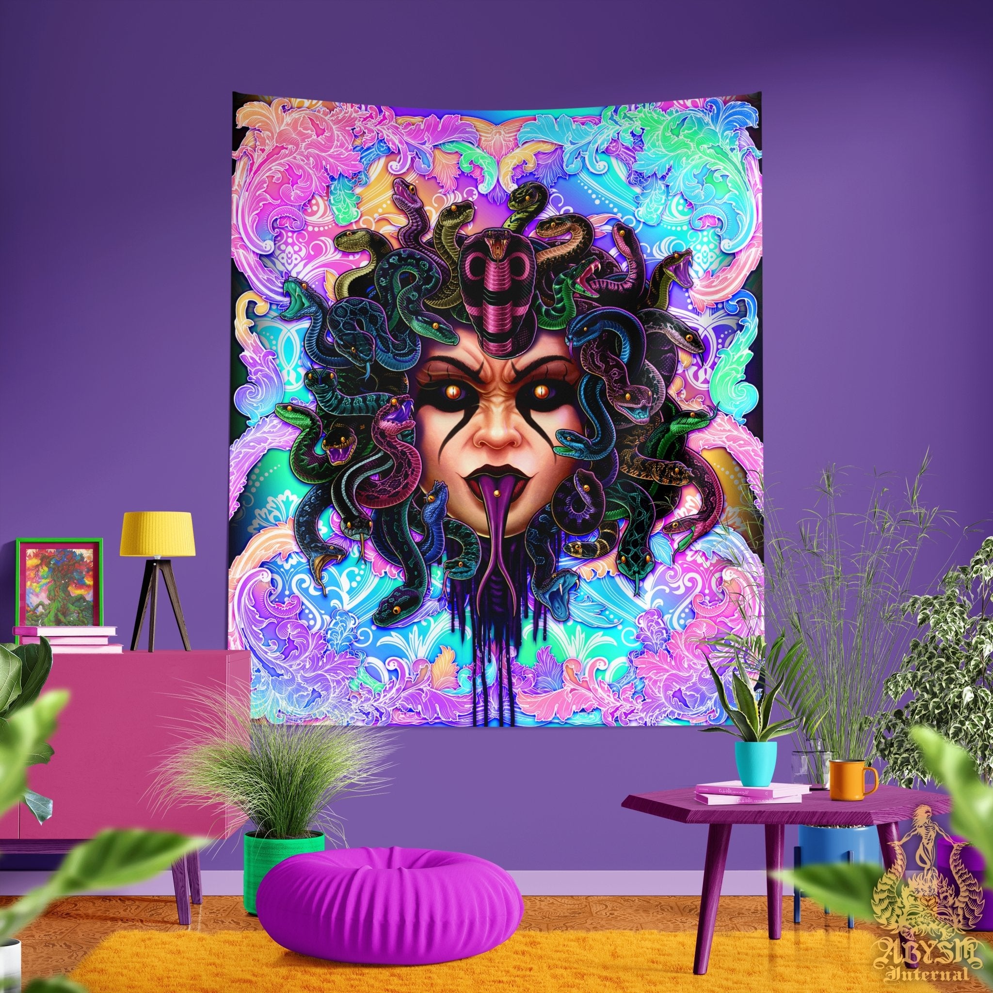 Psychedelic Medusa Tapestry, Holographic Wall Hanging, Aesthetic Home Decor, Art Print, Eclectic and Funky - Pastel Punk Black, 3 Faces - Abysm Internal