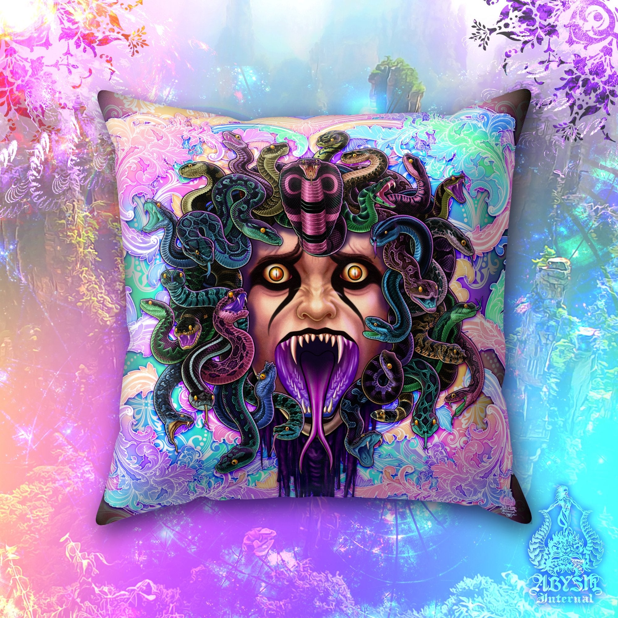 Psychedelic Medusa Throw Pillow, Decorative Accent Cushion, Fantasy Room Decor, Funky and Eclectic Home - Pastel Punk Black, Scream - Abysm Internal