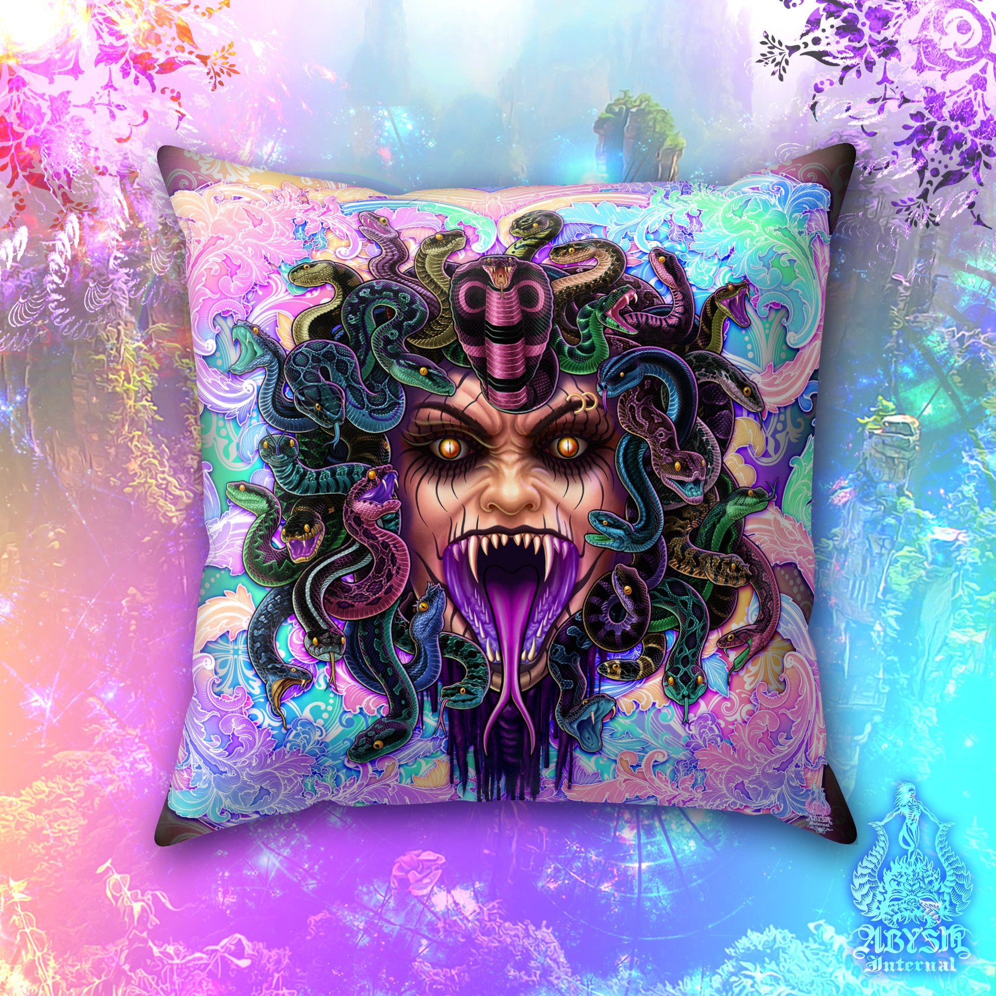 Psychedelic Medusa Throw Pillow, Decorative Accent Pillow, Square Cushion Cover, Fantasy Room Decor, Funky Home Skull Art - Pastel Punk Black, 4 Faces - Abysm Internal