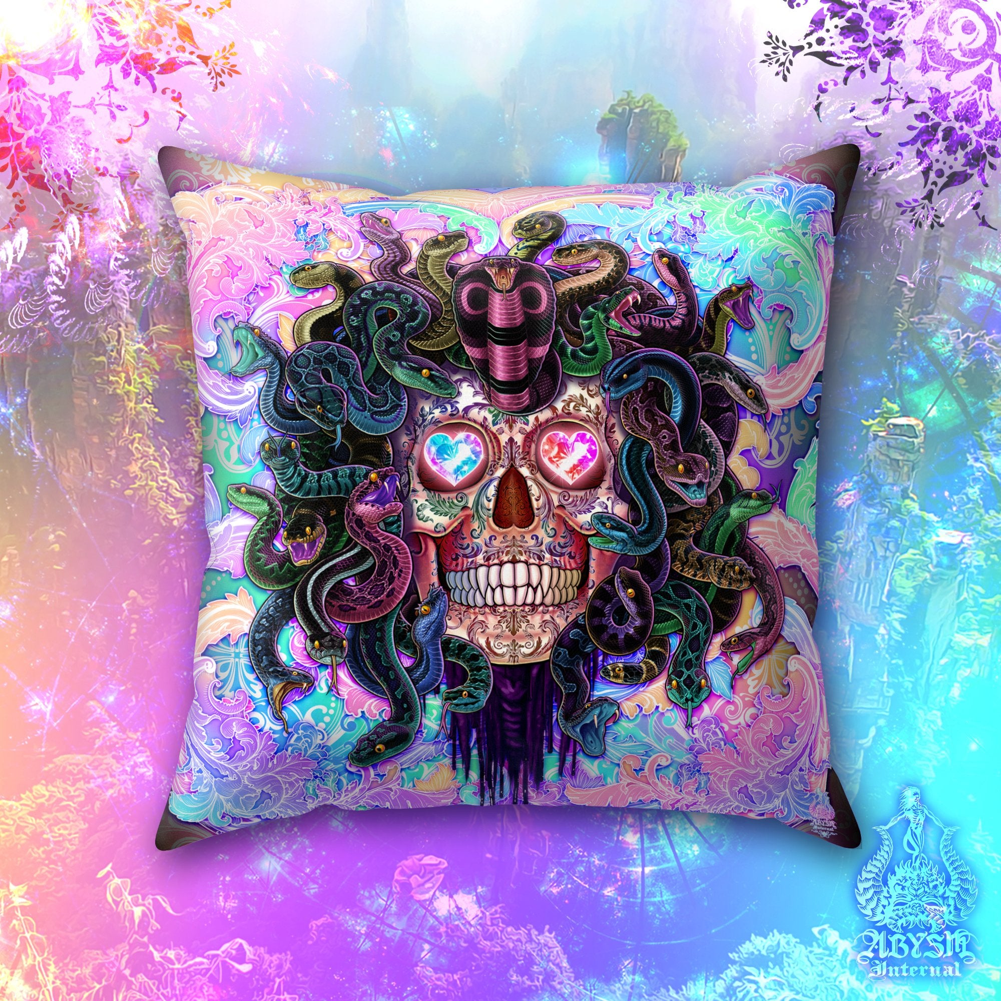 Psychedelic Medusa Throw Pillow, Decorative Accent Pillow, Square Cushion Cover, Fantasy Room Decor, Funky Home Skull Art - Pastel Punk Black, 4 Faces - Abysm Internal