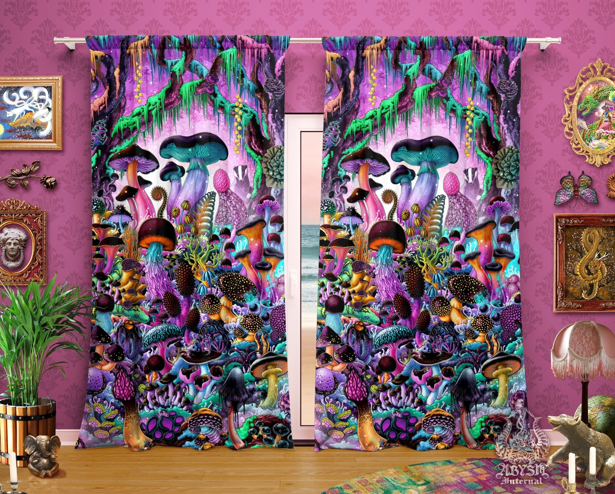 Psychedelic Mushrooms Blackout Curtains, Long Window Panels, Aesthetic Art Print, Girly Kids Room Decor, Gamer Home and Shop Decor - Magic Shrooms, Pastel Black - Abysm Internal