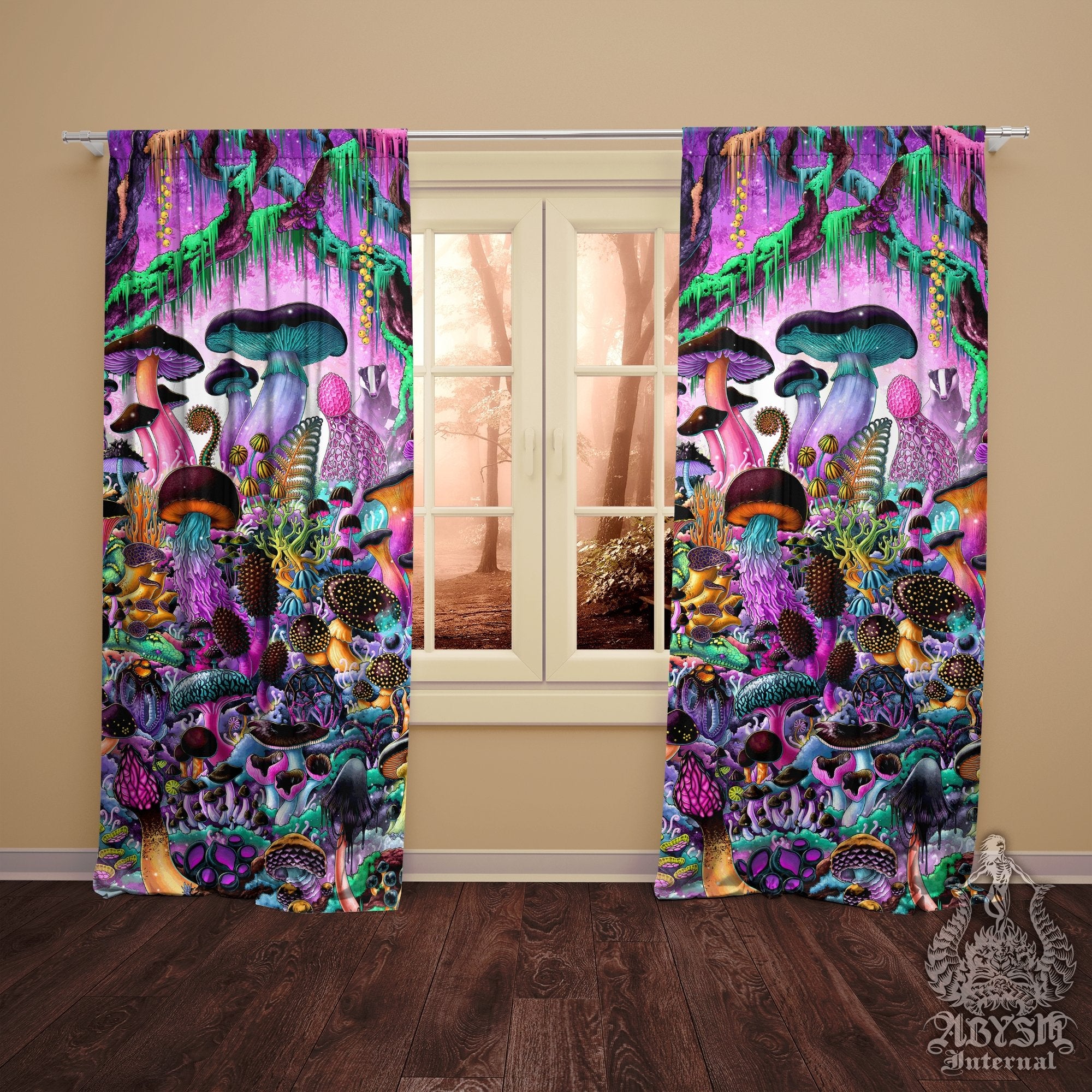 Psychedelic Mushrooms Blackout Curtains, Long Window Panels, Aesthetic Art Print, Girly Kids Room Decor, Gamer Home and Shop Decor - Magic Shrooms, Pastel Black - Abysm Internal