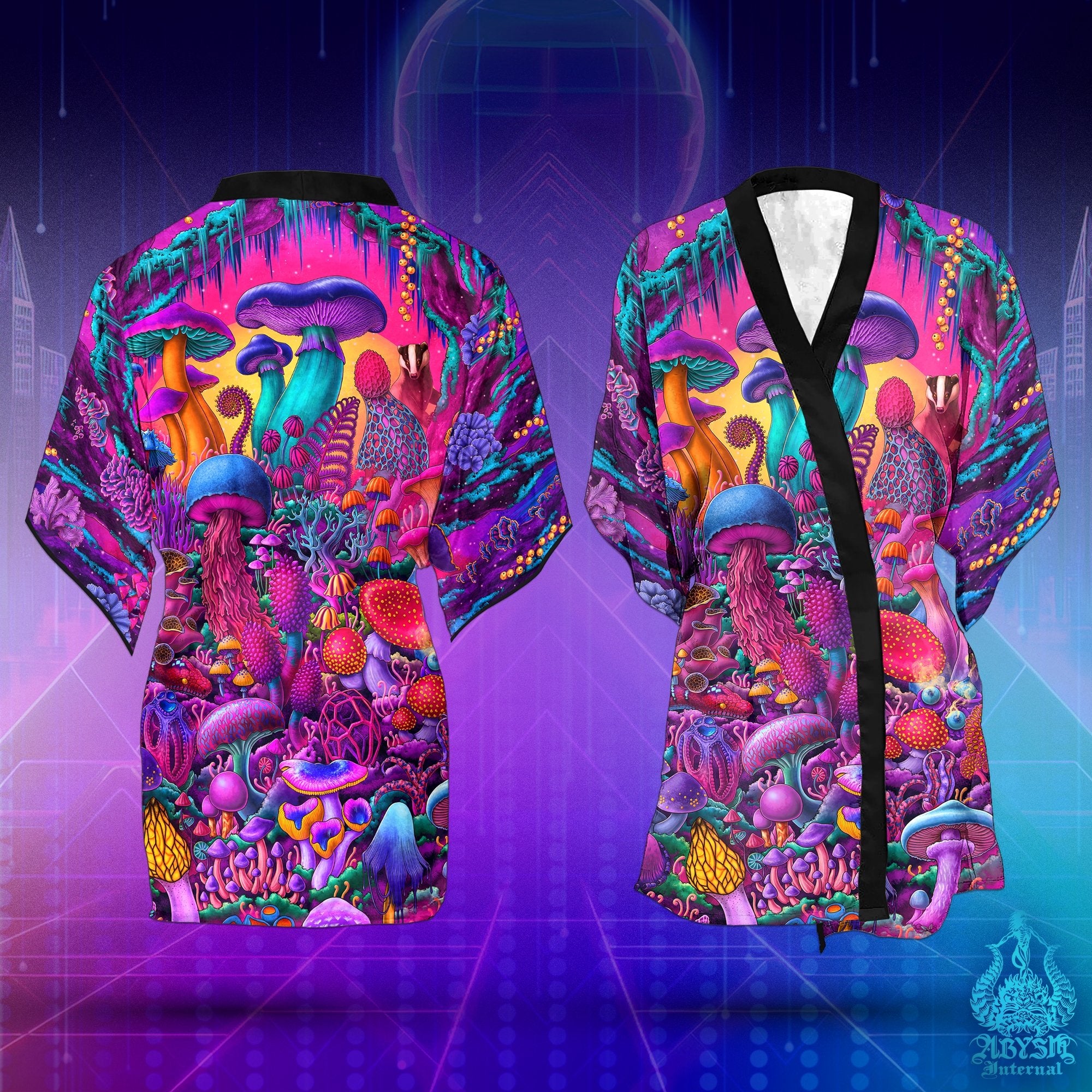 Psychedelic Mushrooms Cover Up, Synthwave Outfit, Retrowave Party Kimono, Vaporwave Summer Festival Robe, 80s Art, Magic Shrooms Gift, Alternative Clothing, Unisex - Abysm Internal