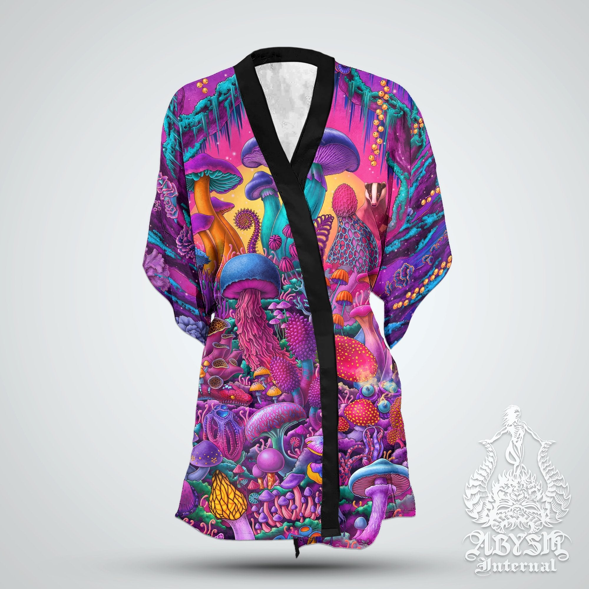 Psychedelic Mushrooms Cover Up, Synthwave Outfit, Retrowave Party Kimono, Vaporwave Summer Festival Robe, 80s Art, Magic Shrooms Gift, Alternative Clothing, Unisex - Abysm Internal