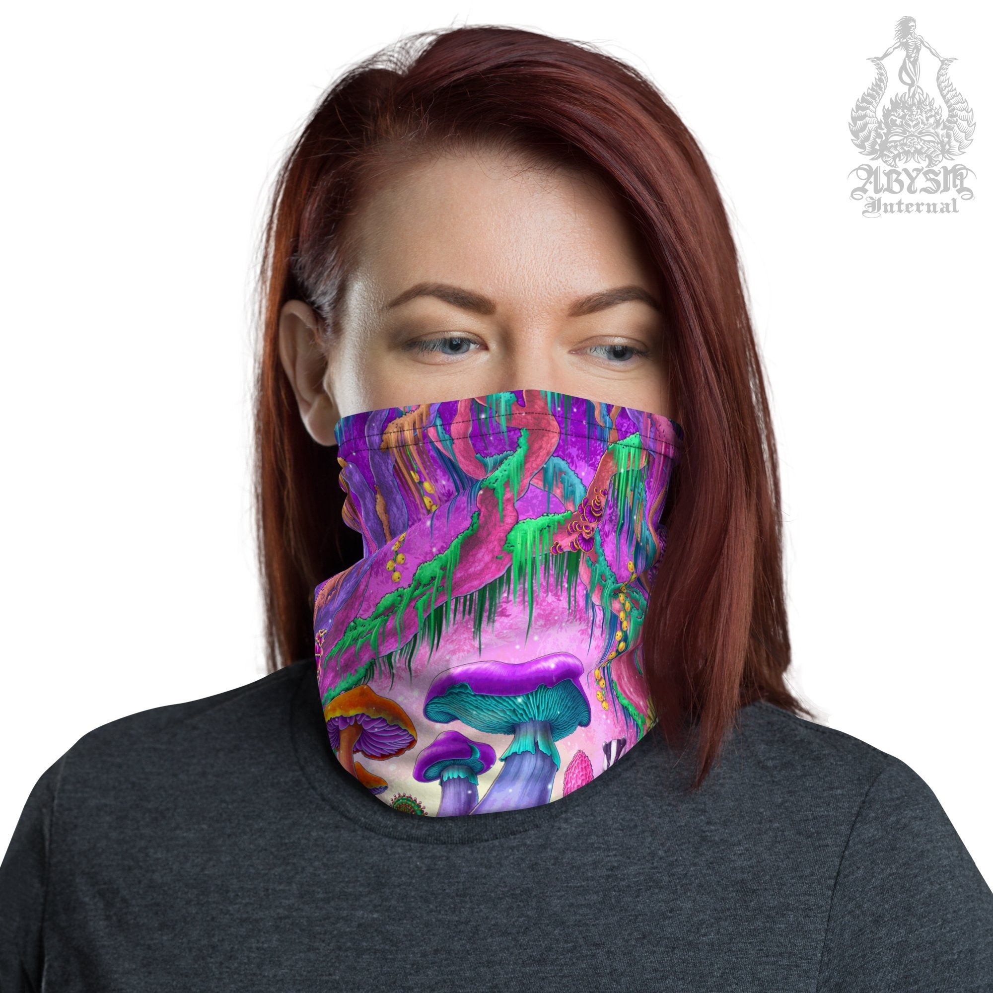 Psychedelic Mushrooms Neck Gaiter, Magic Shrooms Face Mask, Pastel Head Covering, Aesthetic Festival Outfit - Abysm Internal
