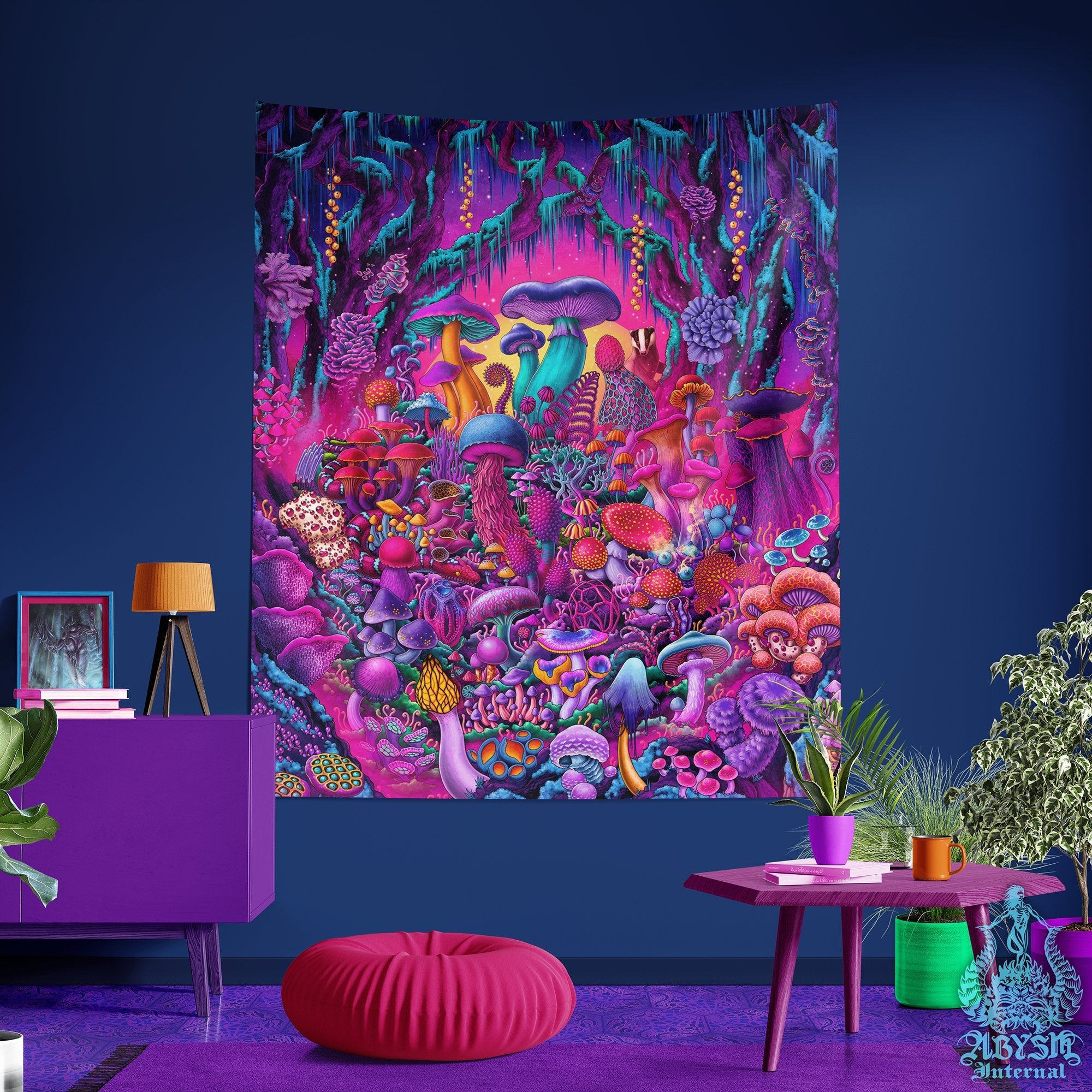 Psychedelic Mushrooms Tapestry, Magic Shrooms Wall Hanging, Vaporwave and Retrowave 80s Home Decor, Synthwave Art Print, Kids Room - Abysm Internal