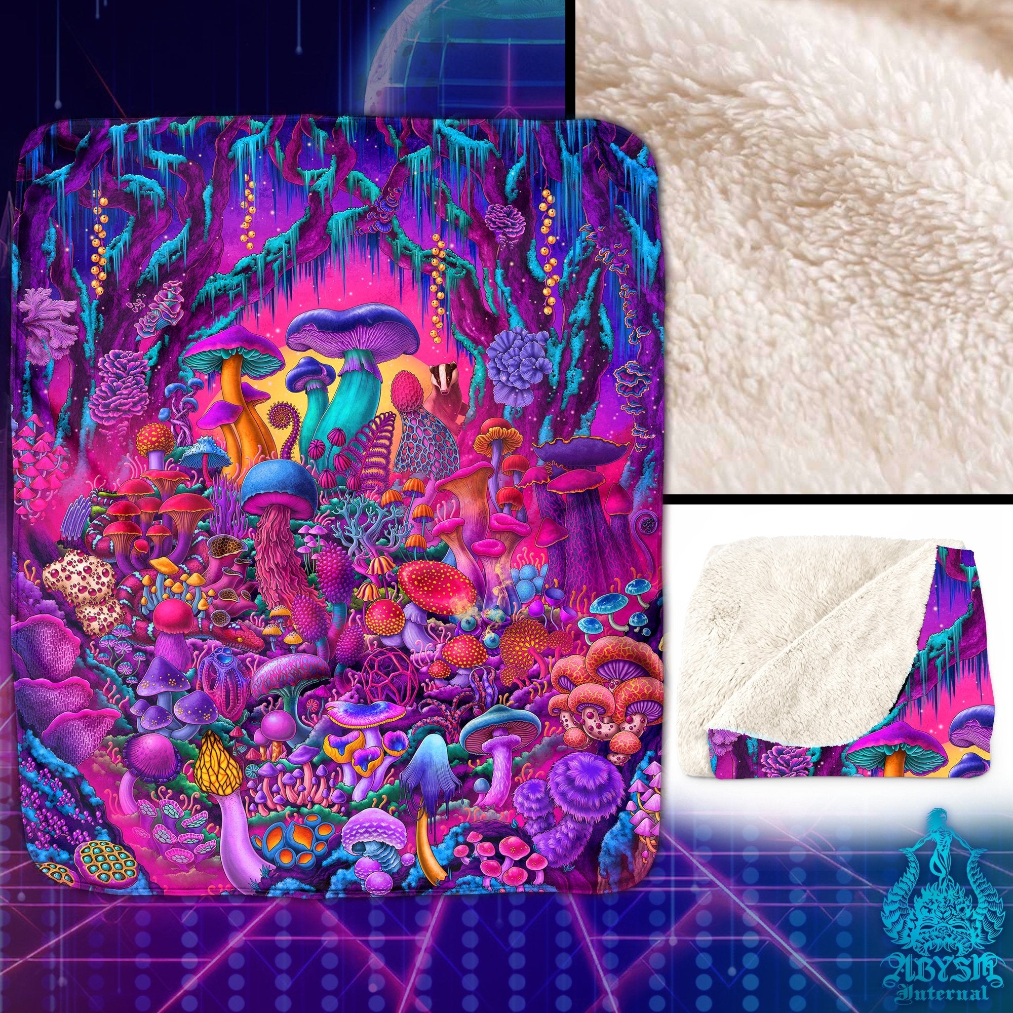 Psychedelic Mushrooms Throw Fleece Blanket, Vaporwave Magic Shrooms Art, Synthwave Home Decor, 80s Retrowave, Eclectic Gift - Abysm Internal