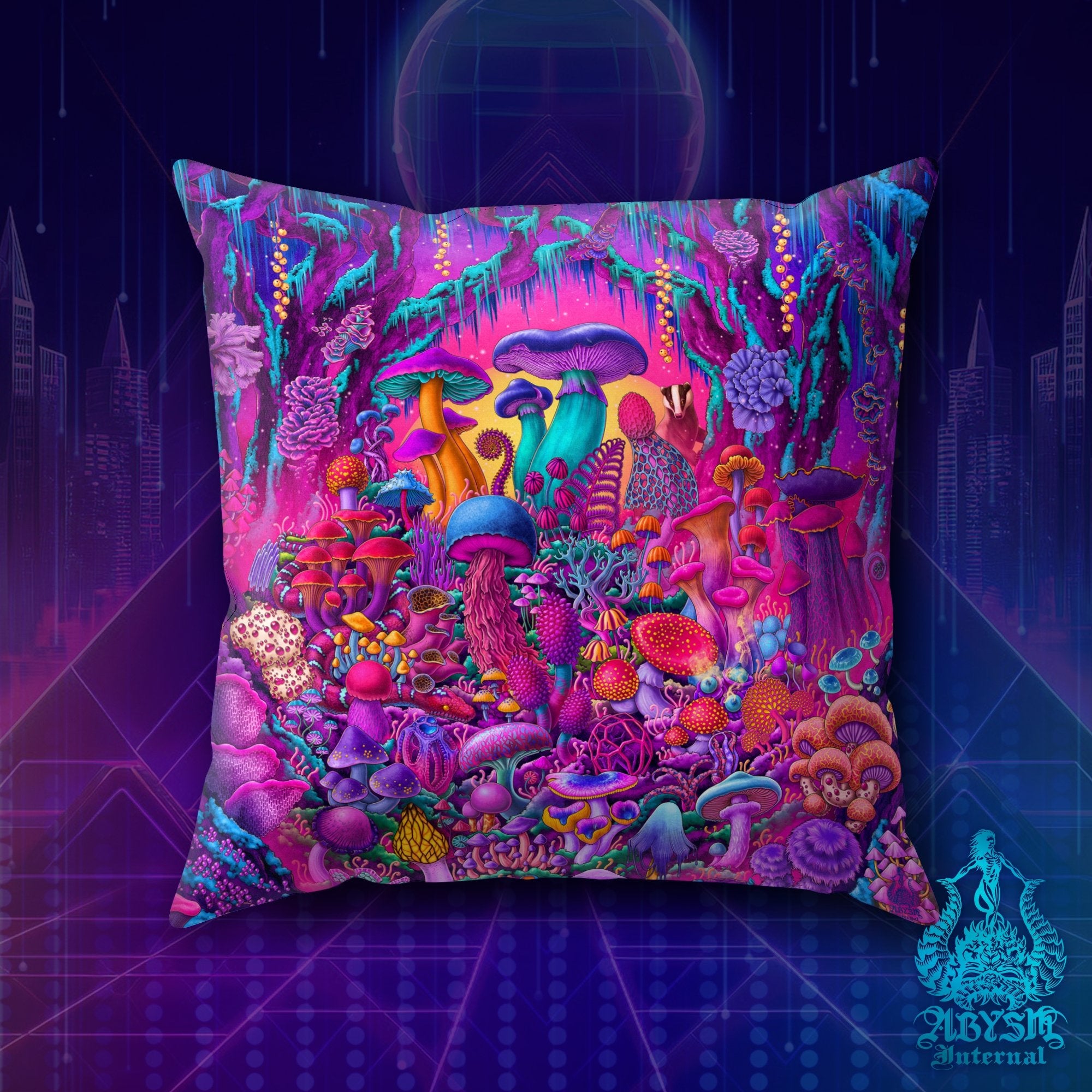 Psychedelic Mushrooms Throw Pillow, Magic Shrooms, Vaporwave Decorative Accent Cushion, Retrowave 80s Room Decor, Synthwave Art Print - Abysm Internal