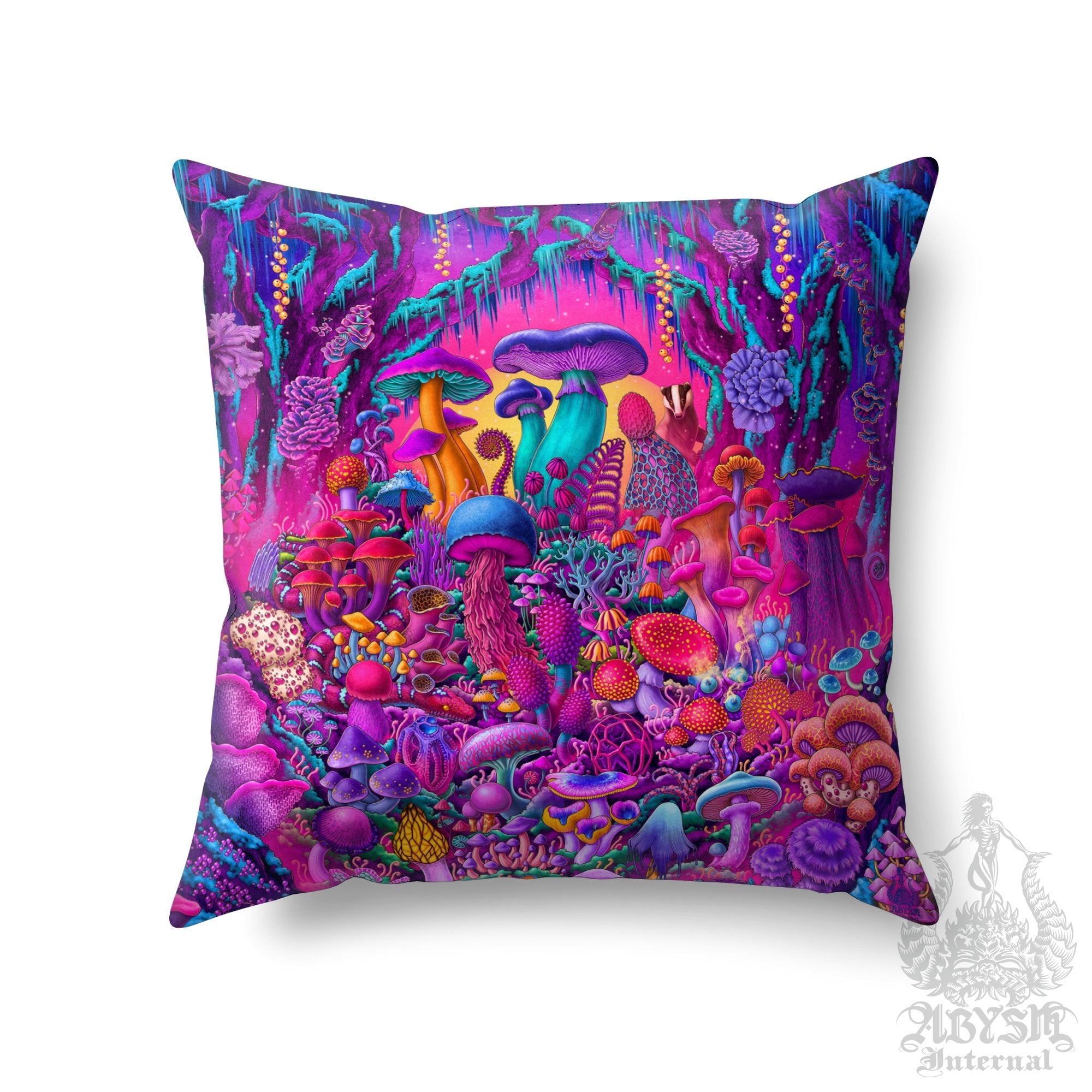 Psychedelic Mushrooms Throw Pillow, Magic Shrooms, Vaporwave Decorative Accent Cushion, Retrowave 80s Room Decor, Synthwave Art Print - Abysm Internal