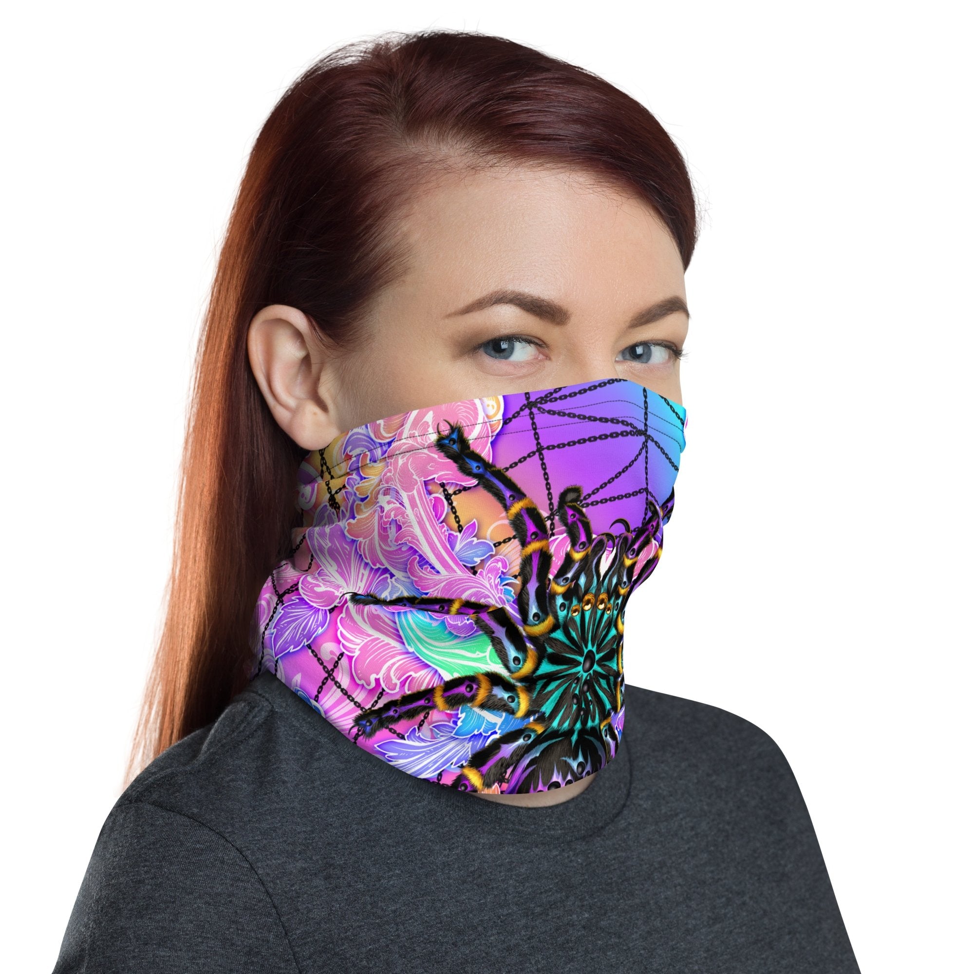 Psychedelic Neck Gaiter, Face Mask, Head Covering, Holographic Pastel Punk , Aesthetic, Festival Rave Outfit, Tarantula Lover Gift - Black Spider - Abysm Internal