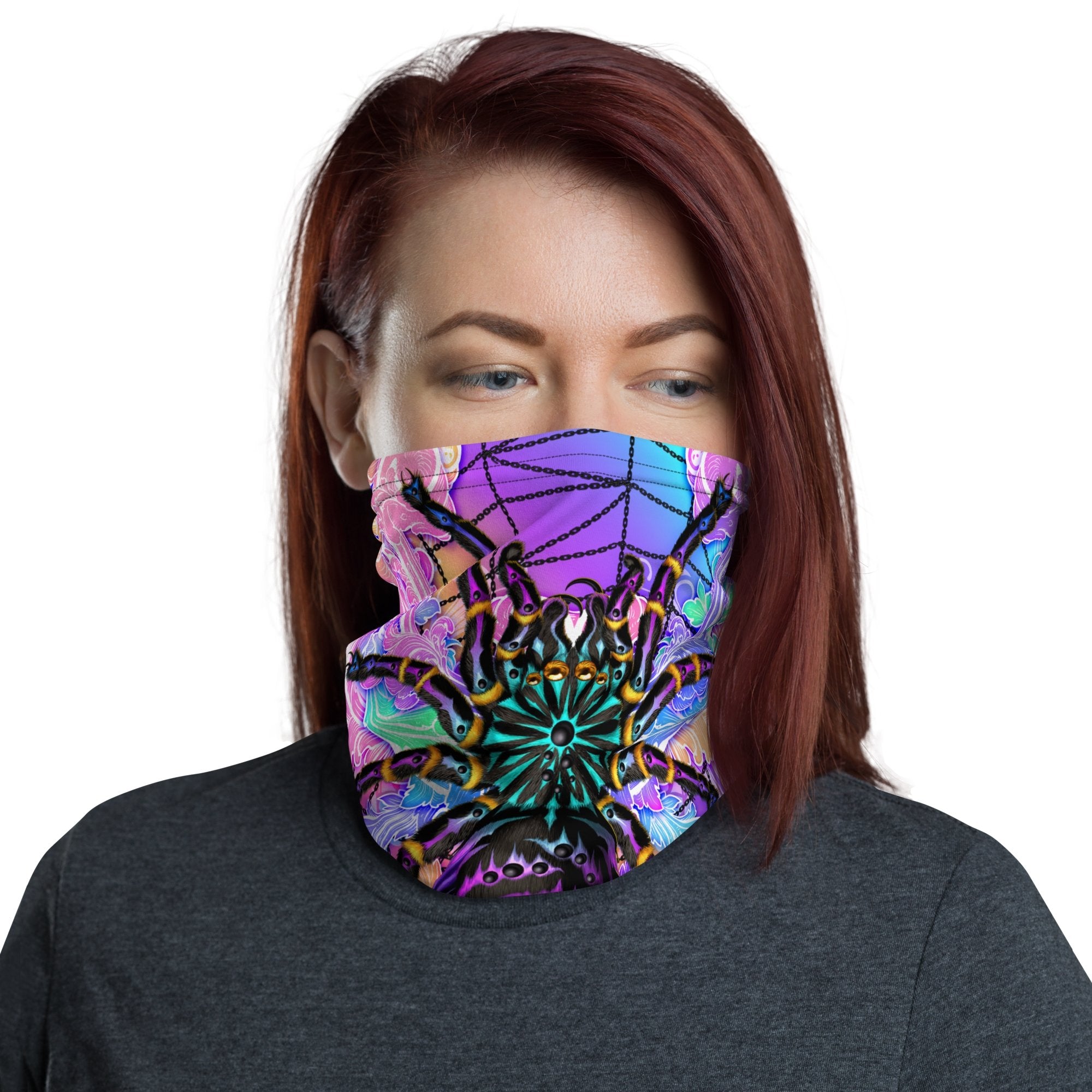 Psychedelic Neck Gaiter, Face Mask, Head Covering, Holographic Pastel Punk , Aesthetic, Festival Rave Outfit, Tarantula Lover Gift - Black Spider - Abysm Internal