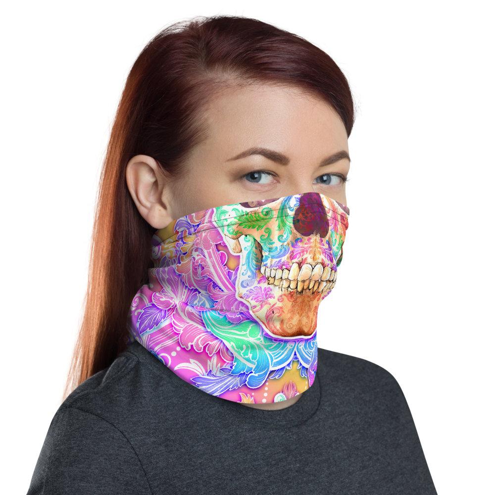 Psychedelic Neck Gaiter, Face Mask, Head Covering, Rave Outfit, Psy Headband, Rave, Holographic, Aesthetic - Pastel Skull - Abysm Internal