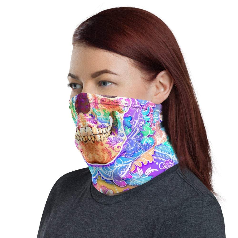 Psychedelic Neck Gaiter, Face Mask, Head Covering, Rave Outfit, Psy Headband, Rave, Holographic, Aesthetic - Pastel Skull - Abysm Internal