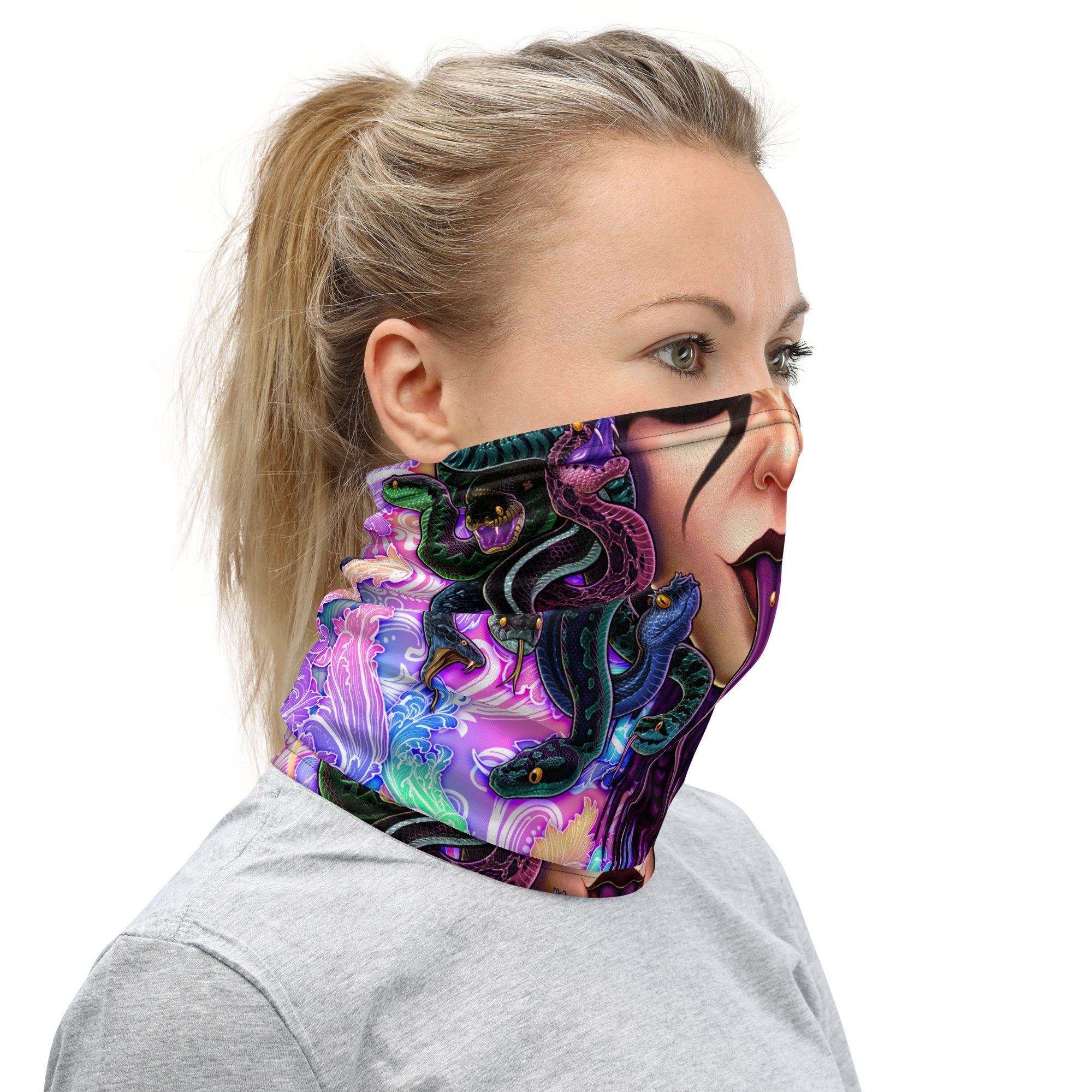 Psychedelic Neck Gaiter, Face Mask, Head Covering, Snakes, Medusa, Rave Outfit, Holographic Pastel Punk Black, Skull Art - 4 Face Options - Abysm Internal