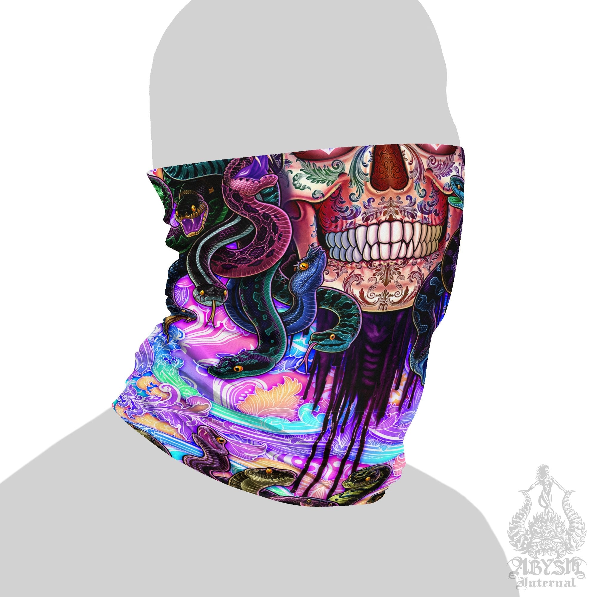 Psychedelic Neck Gaiter, Face Mask, Head Covering, Snakes, Medusa, Rave Outfit, Holographic Pastel Punk Black, Skull Art - 4 Face Options - Abysm Internal