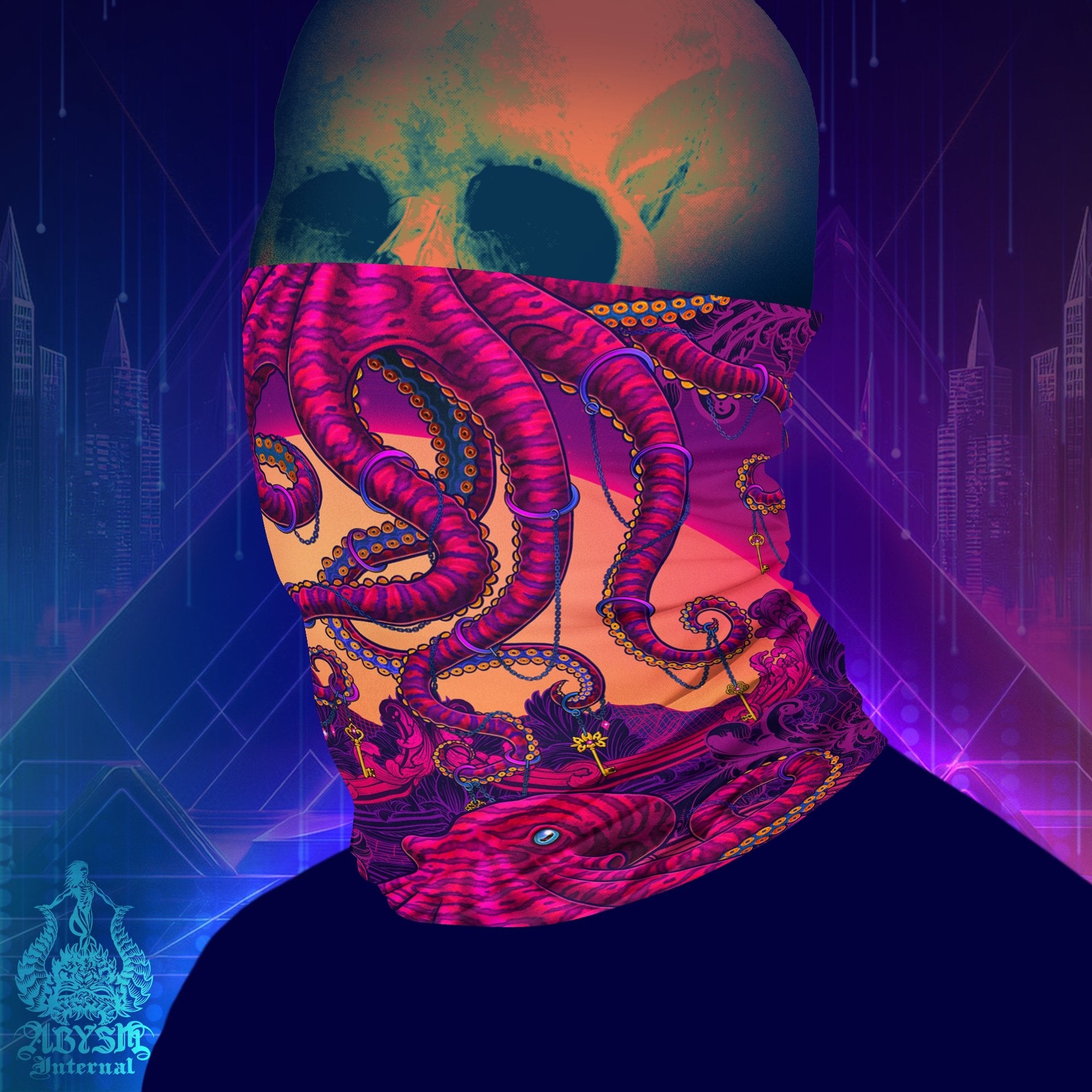 Psychedelic Neck Gaiter, Face Mask, Synthwave Head Covering, Vaporwave, 80s Retrowave, Rave Festival Outfit - Octopus - Abysm Internal