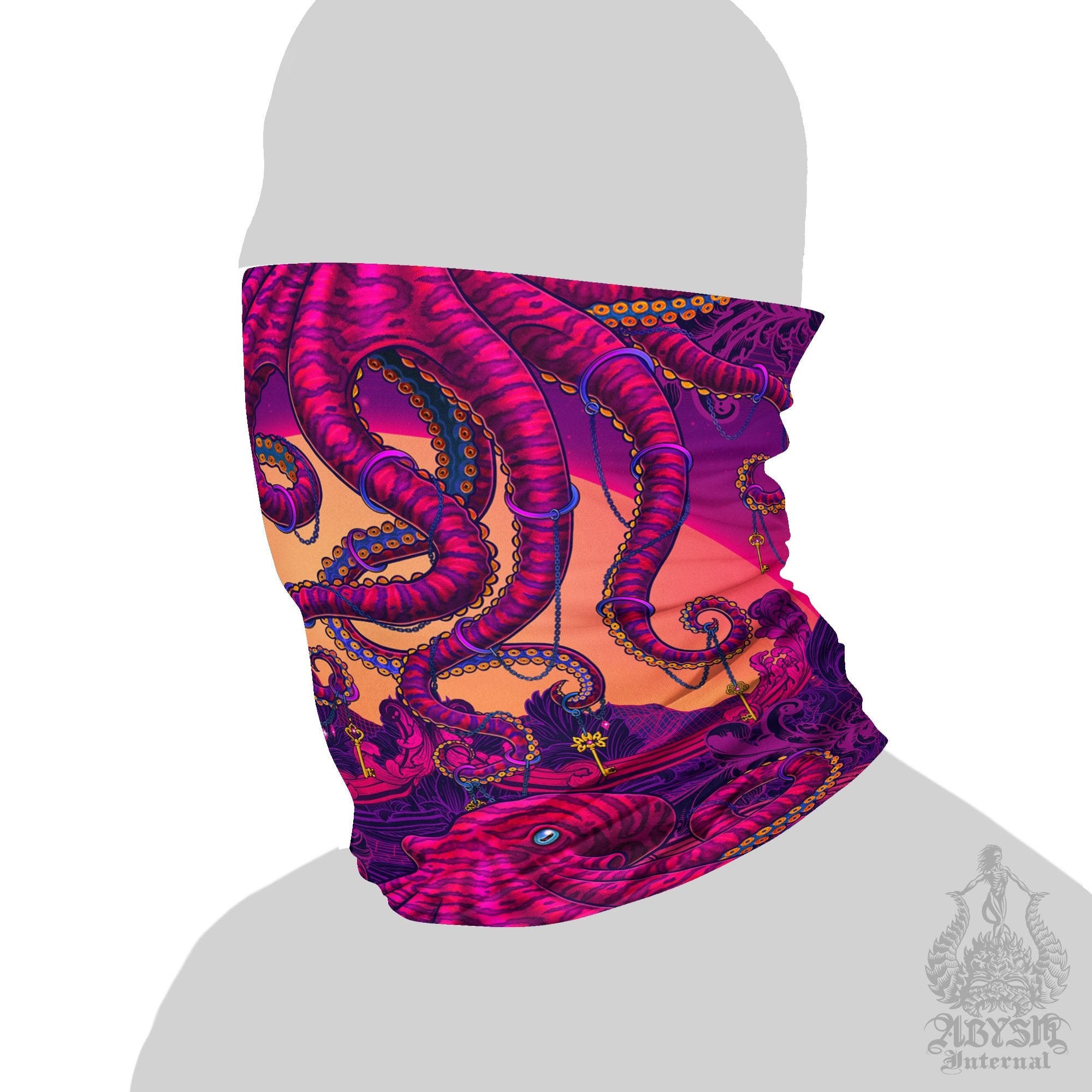 Psychedelic Neck Gaiter, Face Mask, Synthwave Head Covering, Vaporwave, 80s Retrowave, Rave Festival Outfit - Octopus - Abysm Internal