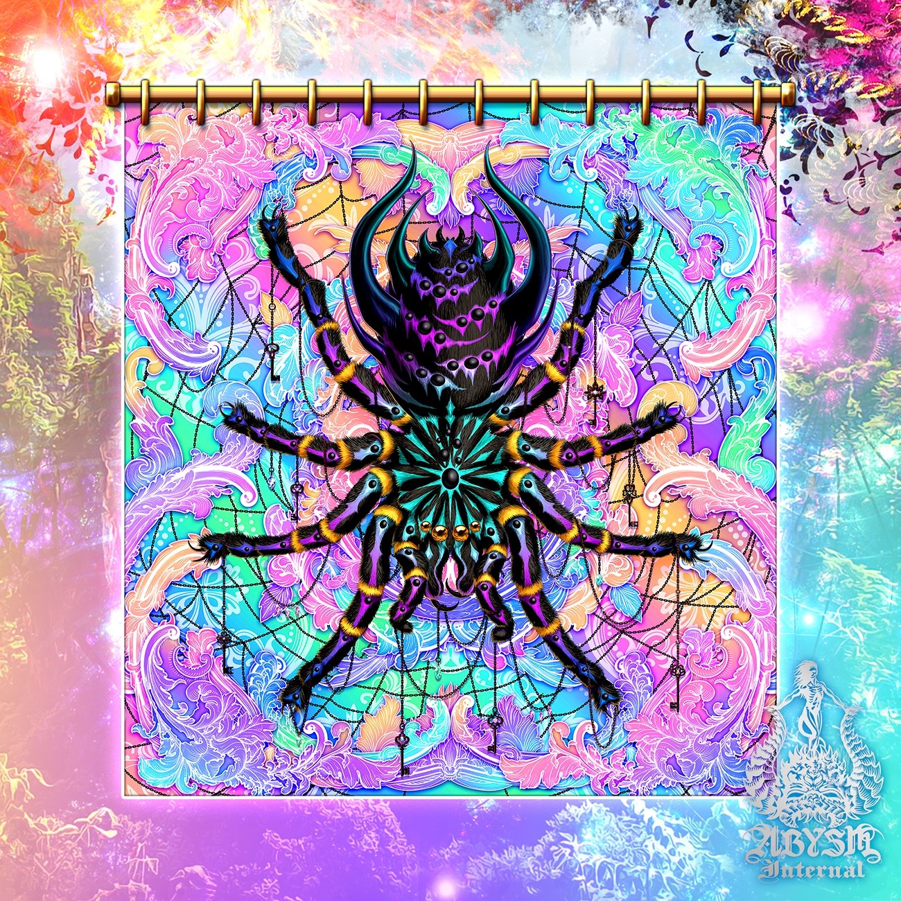 Psychedelic Shower Curtain, Aesthetic Bathroom Decor, Holographic Pastel Punk Black Home - Spider, Tarantula Art - Abysm Internal