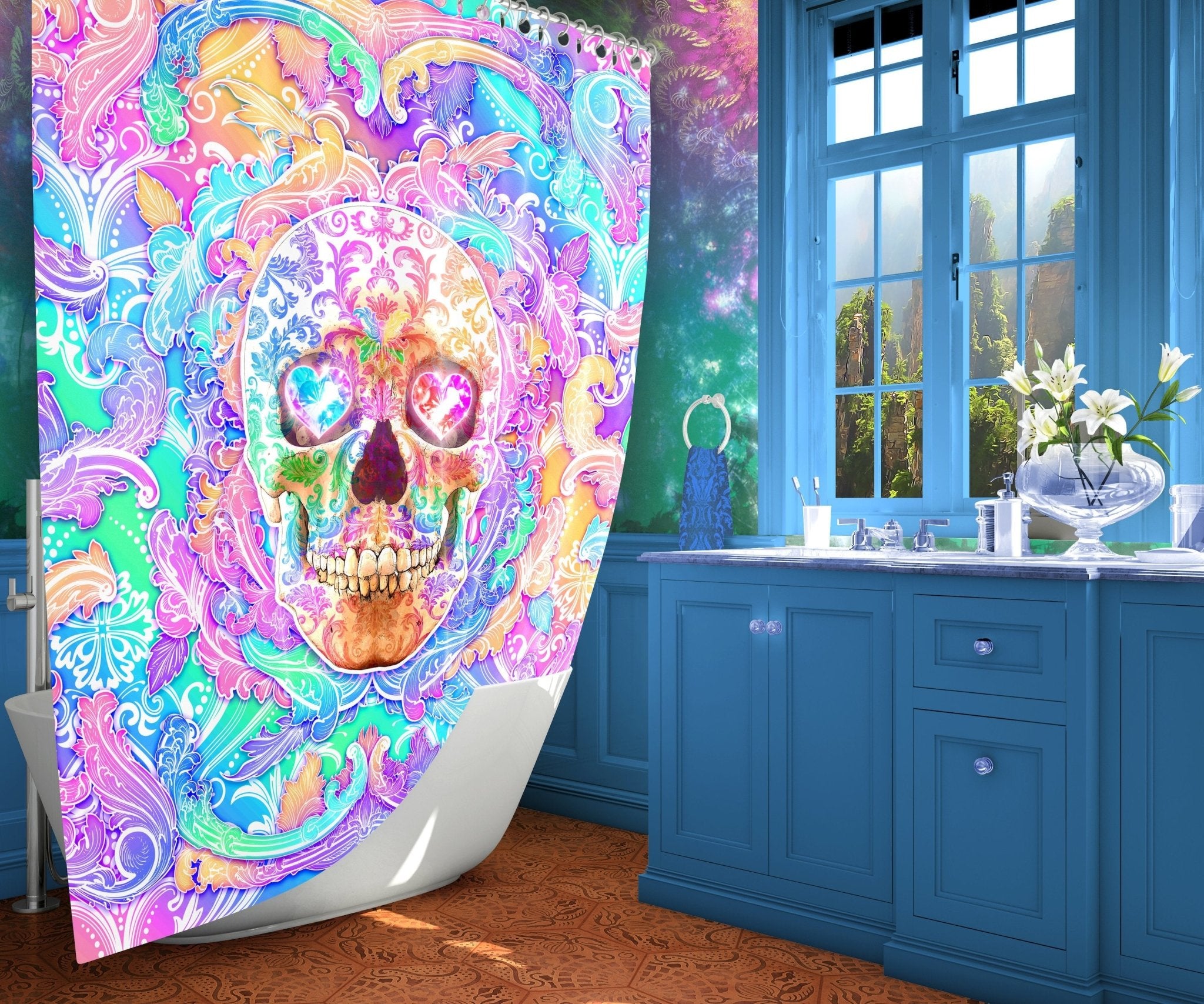 Psychedelic Shower Curtain, Aesthetic Skull, Holographic Bathroom Decor, Eclectic and Funky Home - Macabre Pastel Art - Abysm Internal