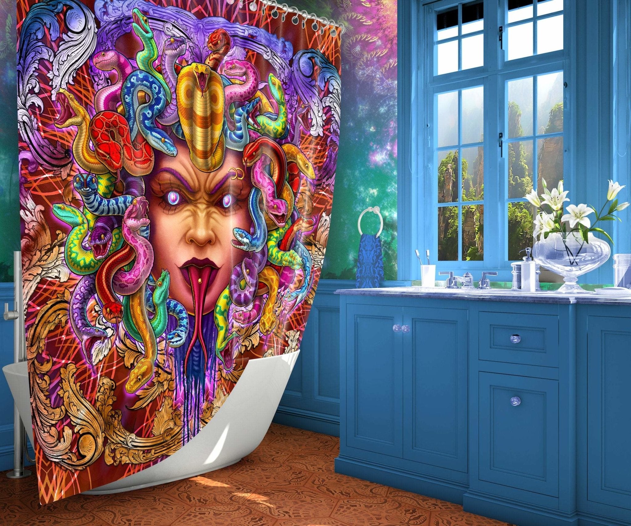 Psychedelic Shower Curtain, Alternative and Indie Bathroom Decor, Fantasy Kidcore - Psy Snakes, Mocking - Abysm Internal
