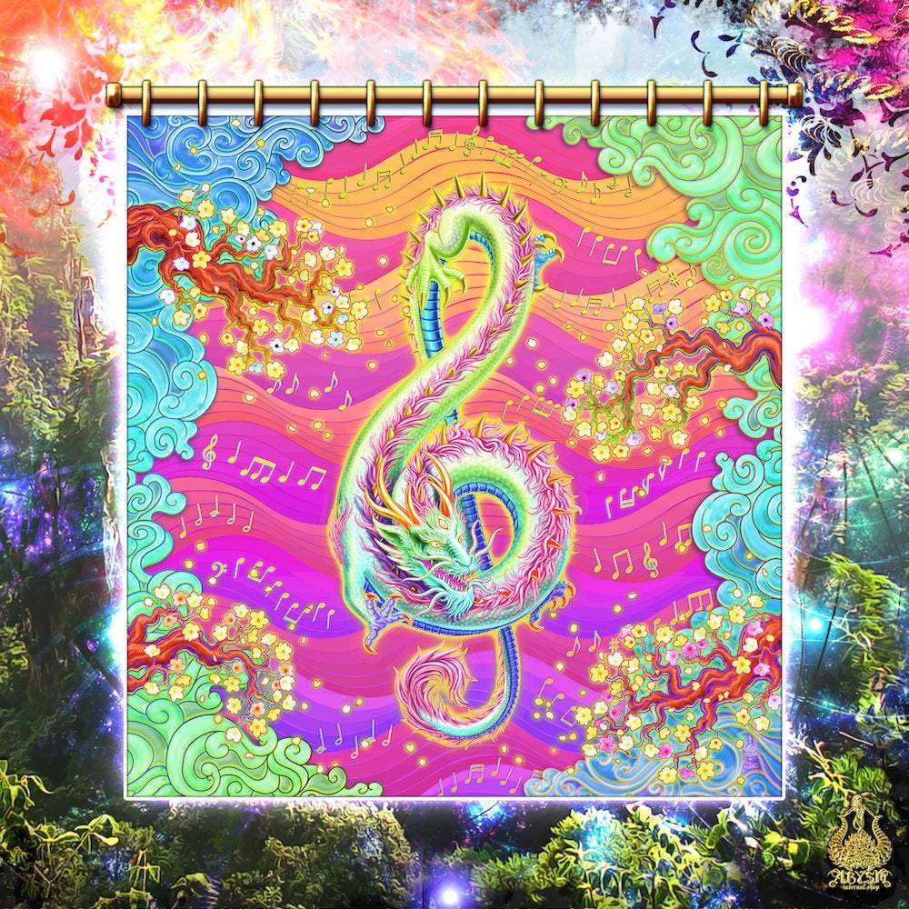 Psychedelic Shower Curtain, Kidcore Bathroom Decor, Treble Clef, Music Home - Psy Neon Dragon - Abysm Internal