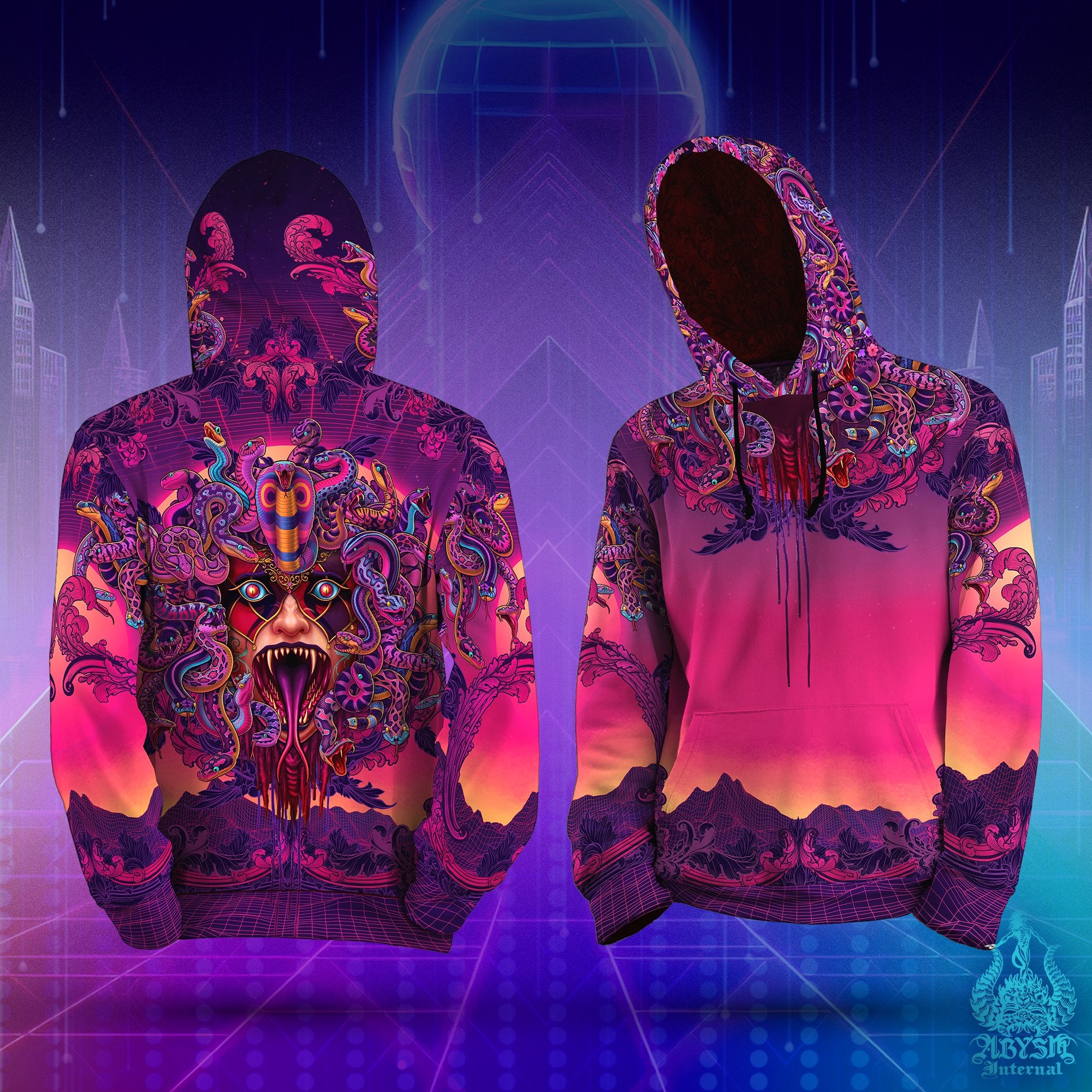 Psychedelic Skull Hoodie, Vaporwave Outfit, Colorful Pullover, Trippy Streetwear, Synthwave Festival, Gamer 80s Sweater, Unisex - Retrowave Medusa, 2 Faces - Abysm Internal