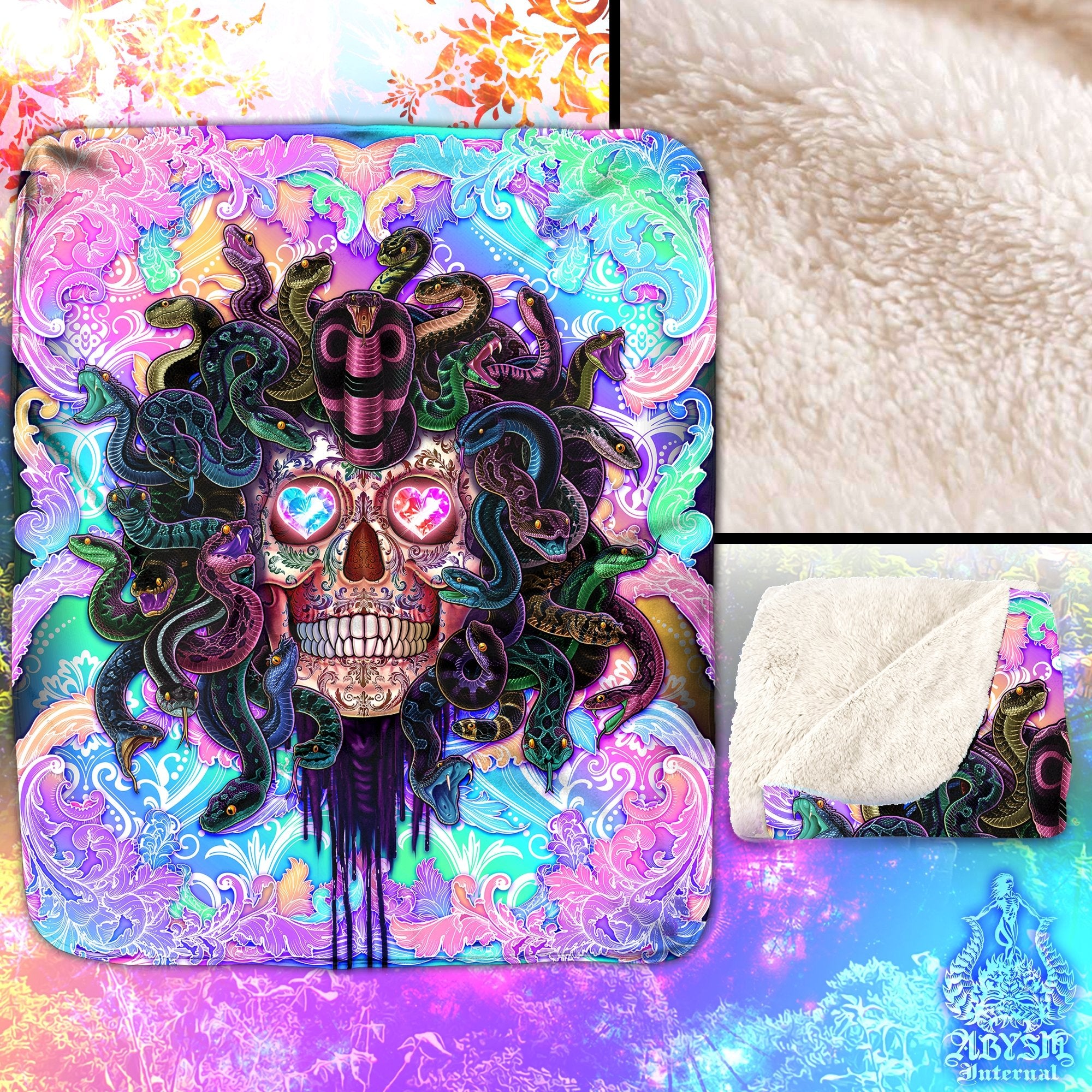 Psychedelic Skull Throw Fleece Blanket, Holographic Decor, Eclectic and Funky Gift - Aesthetic, Pastel Punk Black Medusa - Abysm Internal