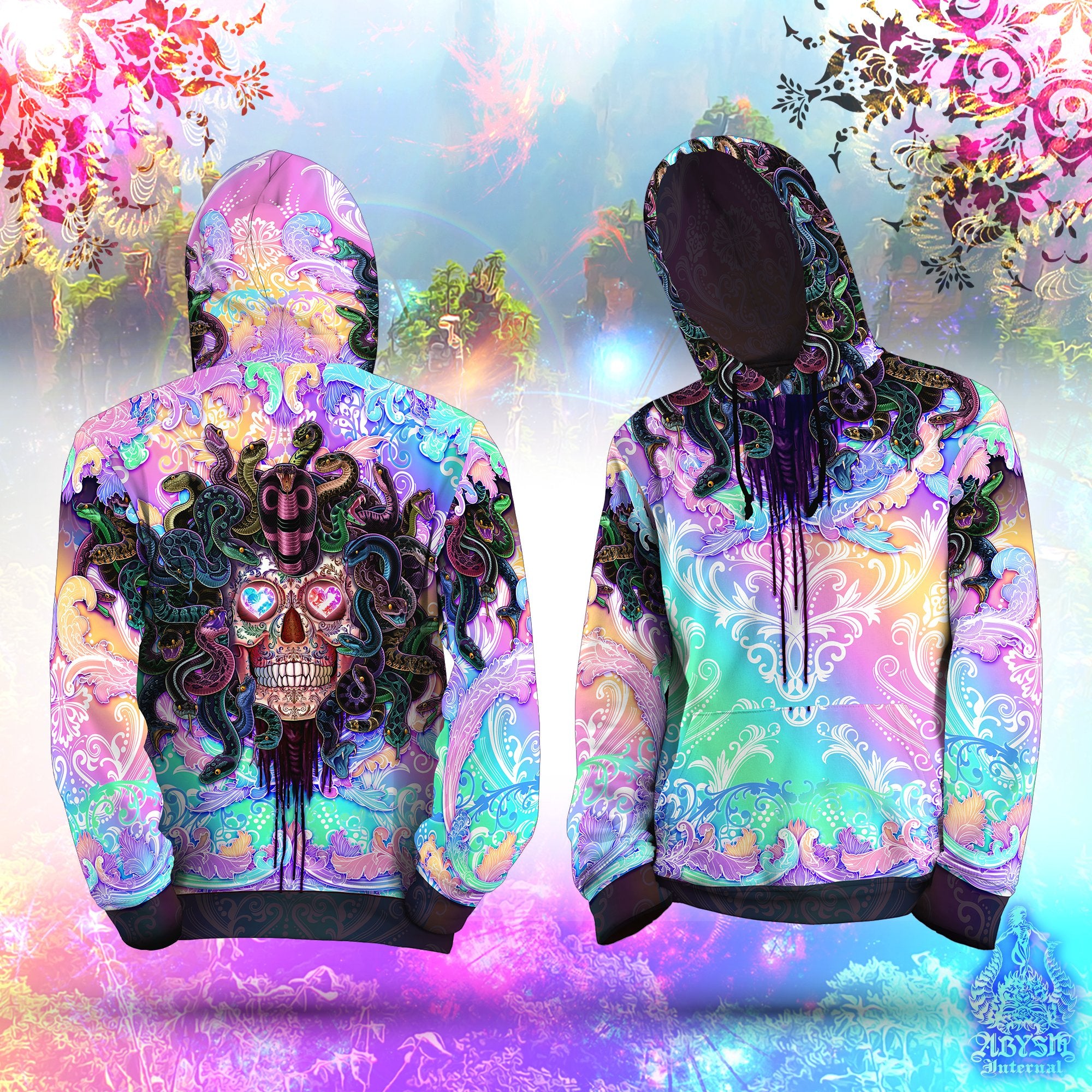 Psychedelic Sweater, Aesthetic Streetwear, Trippy Pullover, Rave Outfit, Festival Hoodie, Pastel Punk Black Clothing, Unisex - Medusa Skull, 2 Faces - Abysm Internal