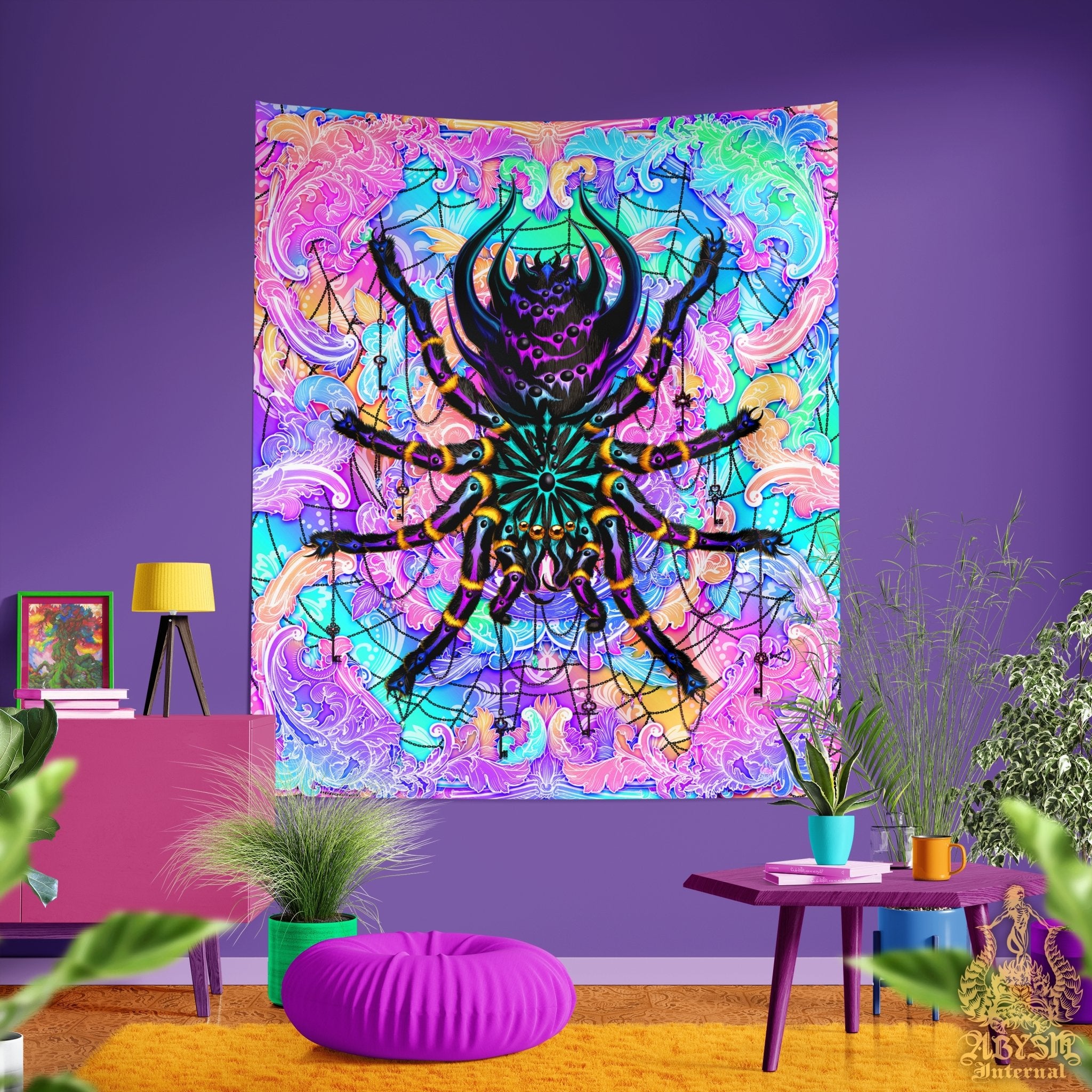 Psychedelic Tapestry, Aesthetic Wall Hanging, Indie Home Decor, Tarantula Art Print, Eclectic and Funky - Holographic Pastel Punk Black Spider - Abysm Internal