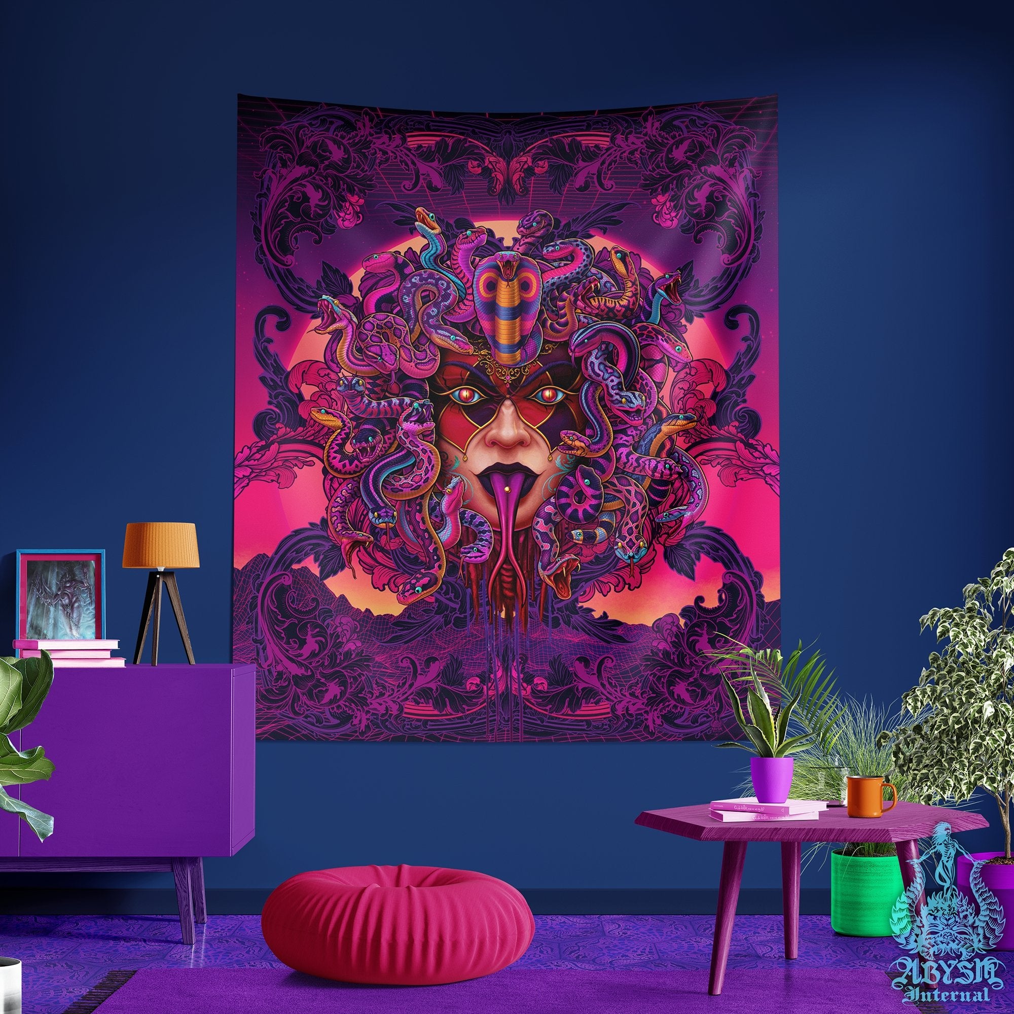 Psychedelic Tapestry, Magic Shrooms Wall Hanging, Vaporwave and Retrowave 80s Home Decor, Synthwave Art Print, Kids Room - Medusa Rage, Scream and Mock - Abysm Internal