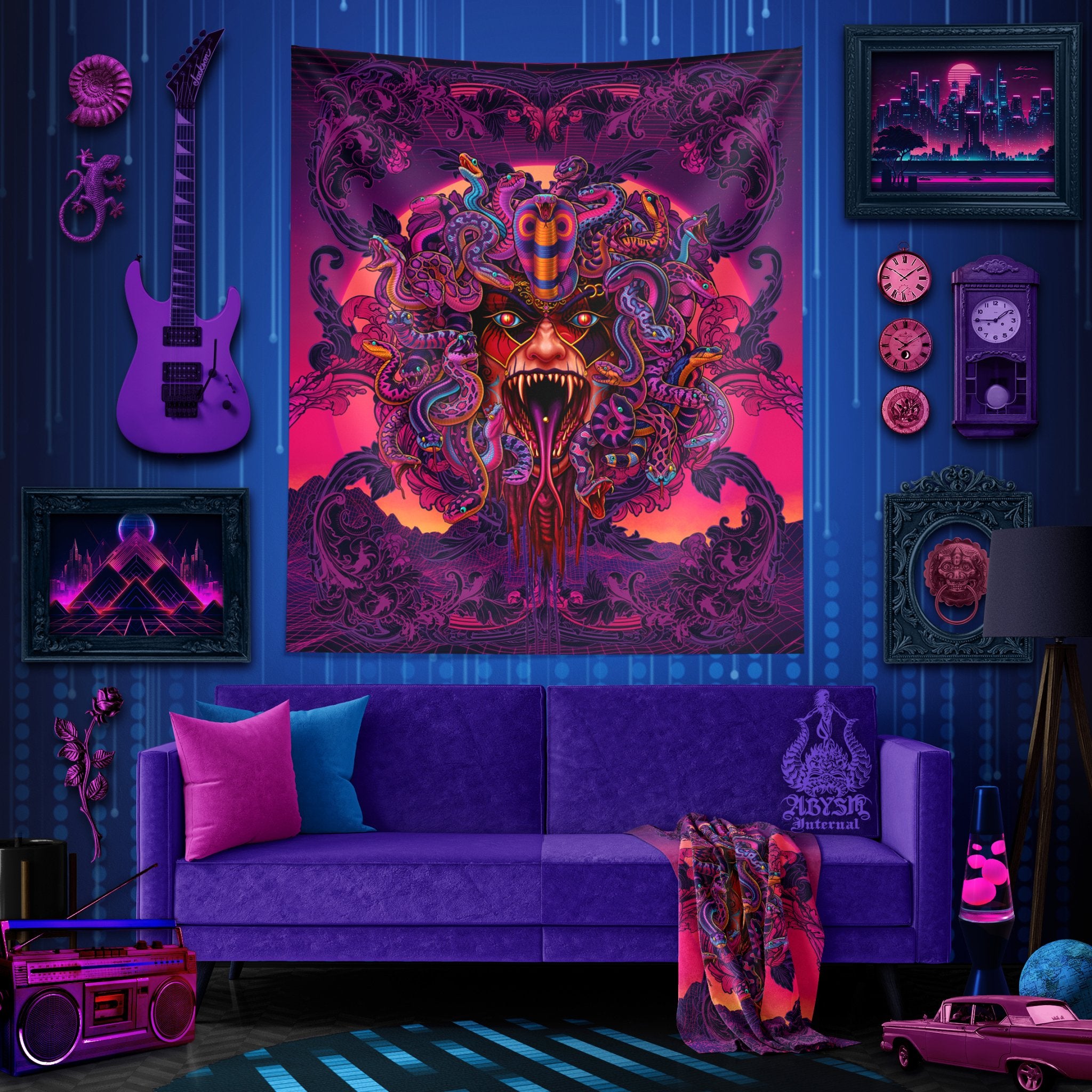 Psychedelic Tapestry, Magic Shrooms Wall Hanging, Vaporwave and Retrowave 80s Home Decor, Synthwave Skull Art Print, Kids Room - Medusa 4 Faces - Abysm Internal