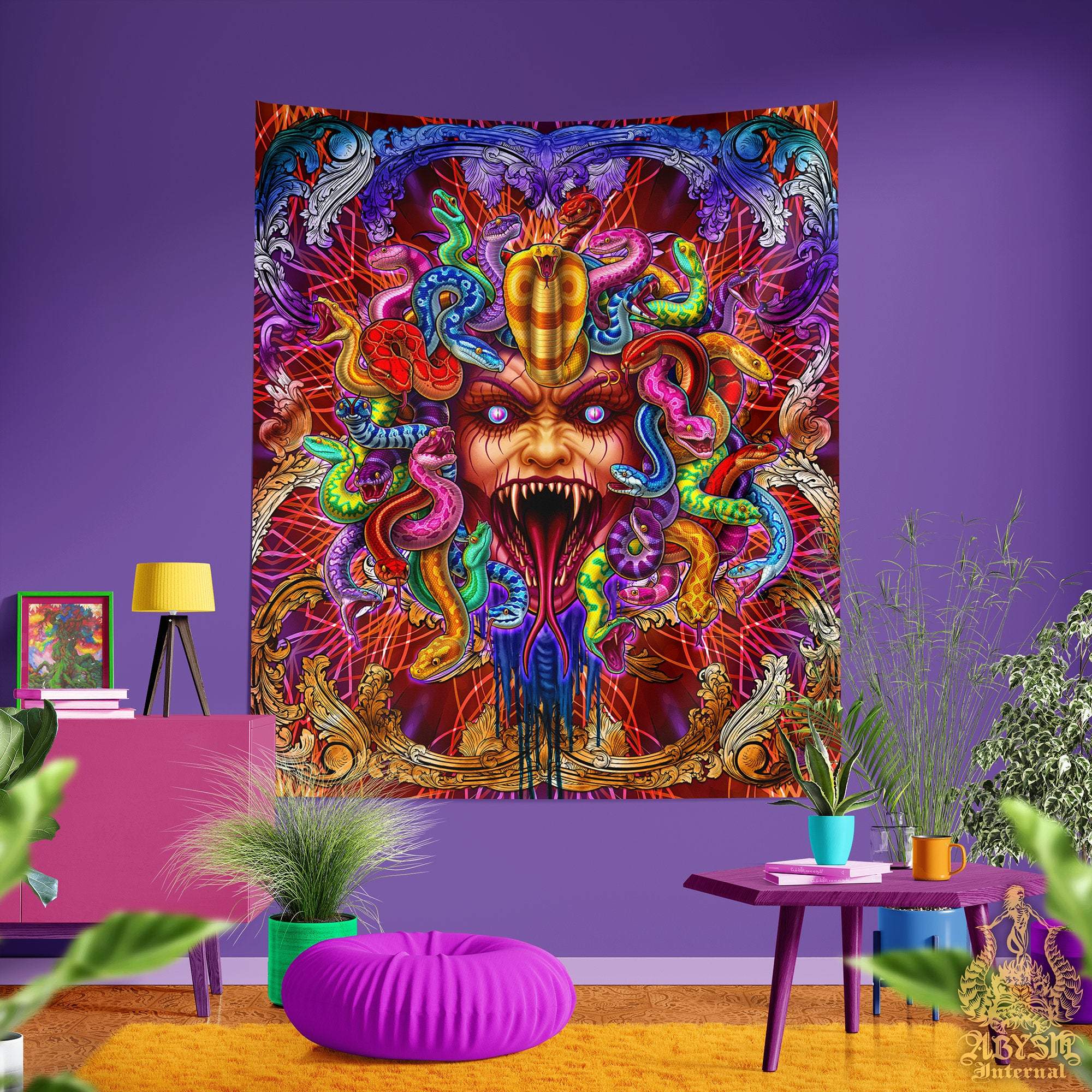 Psychedelic Tapestry, Psy Wall Hanging, Eclectic Home Decor, Art Print - Rainbow Medusa & Snakes, 2 Faces - Abysm Internal