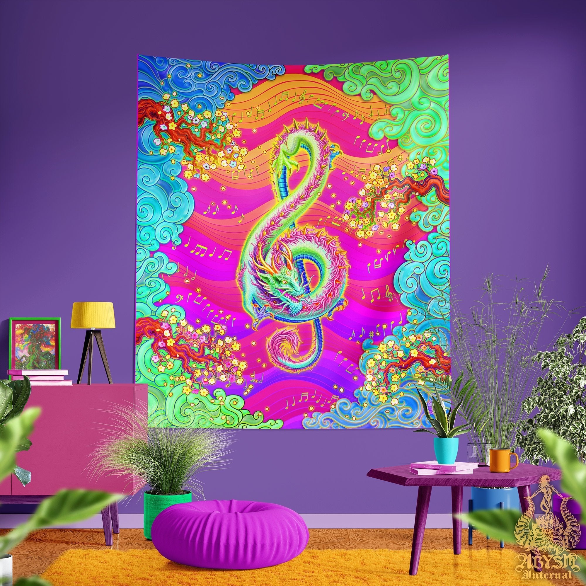 Psychedelic Tapestry, Trippy Wall Hanging, Eclectic Music Home Decor, Art Print - Kidcore, Neon Dragon, Treble Clef - Abysm Internal