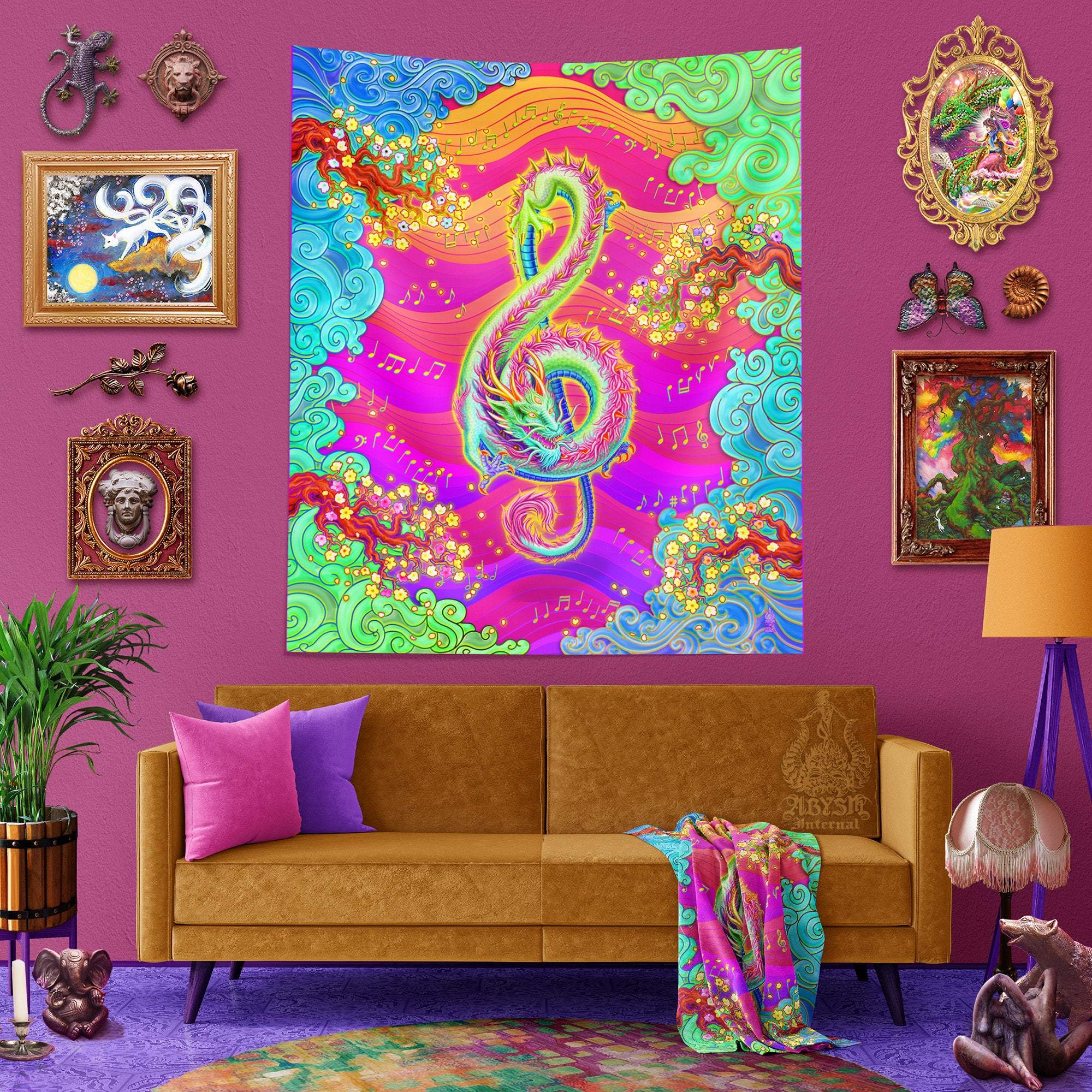 Psychedelic Tapestry, Trippy Wall Hanging, Eclectic Music Home Decor, Art Print - Kidcore, Neon Dragon, Treble Clef - Abysm Internal