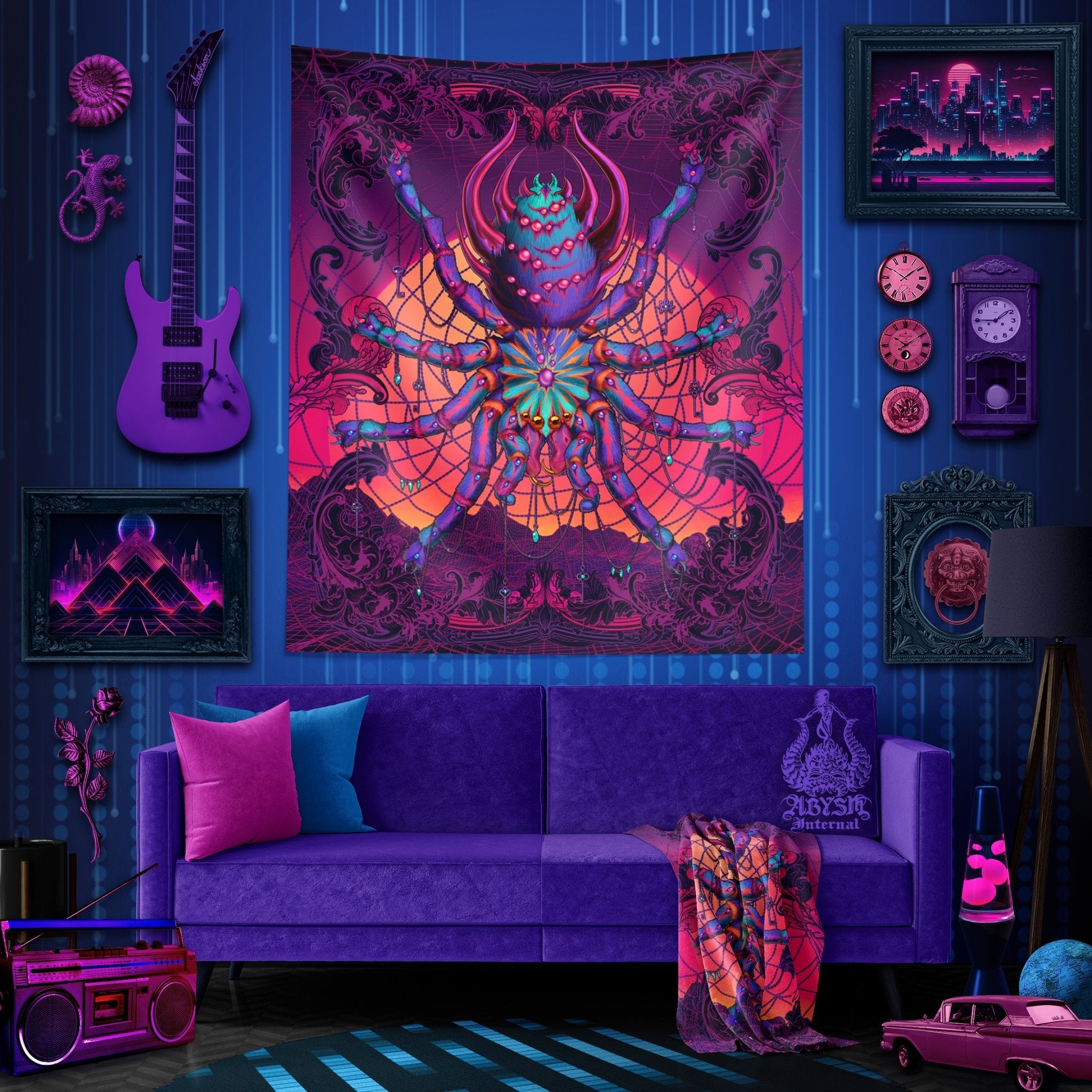 Psychedelic Tapestry, Vaporwave Wall Hanging, Retrowave 80s Home Decor, Synthwave Art Print, Eclectic and Funky - Spider, Tarantula - Abysm Internal