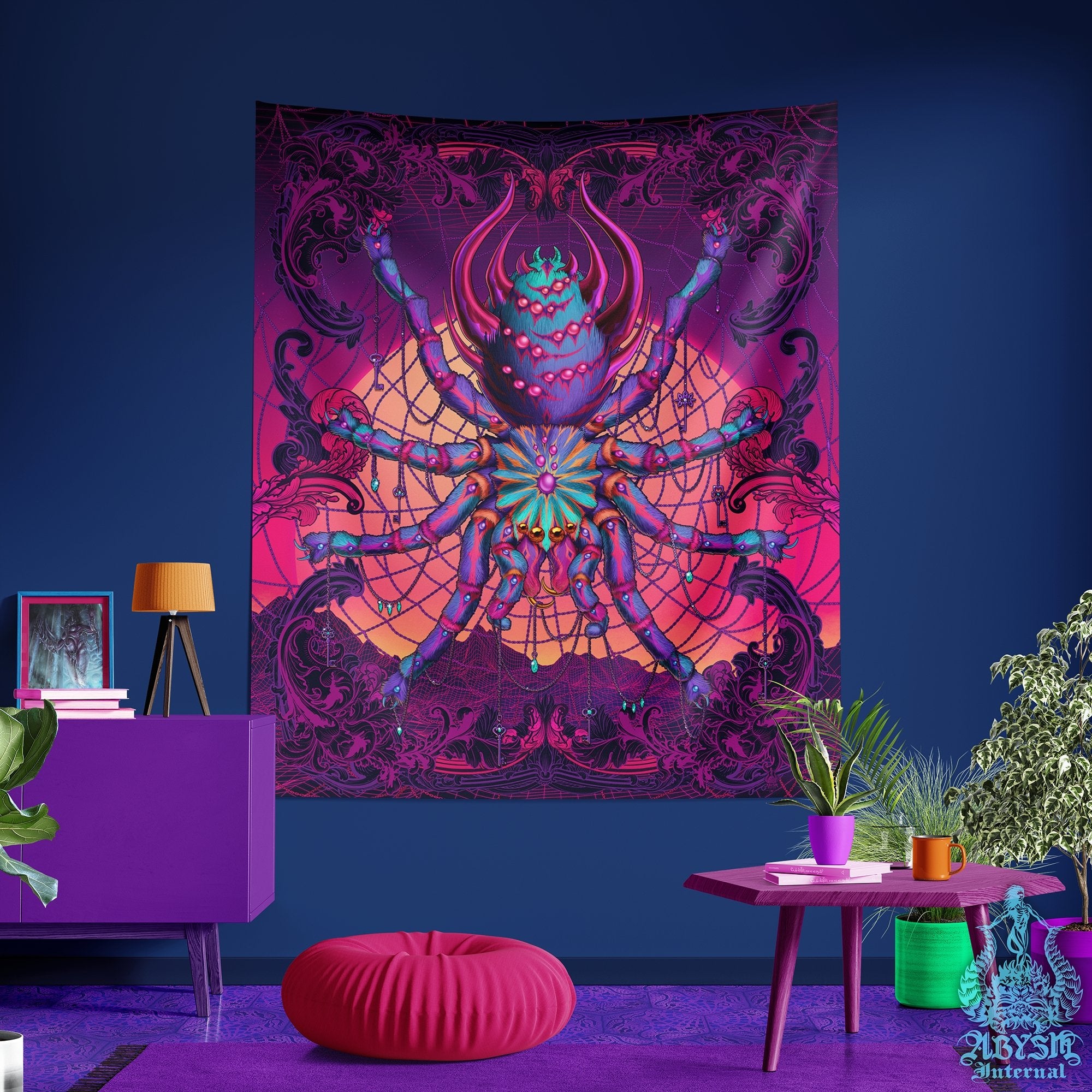 Psychedelic Tapestry, Vaporwave Wall Hanging, Retrowave 80s Home Decor, Synthwave Art Print, Eclectic and Funky - Spider, Tarantula - Abysm Internal