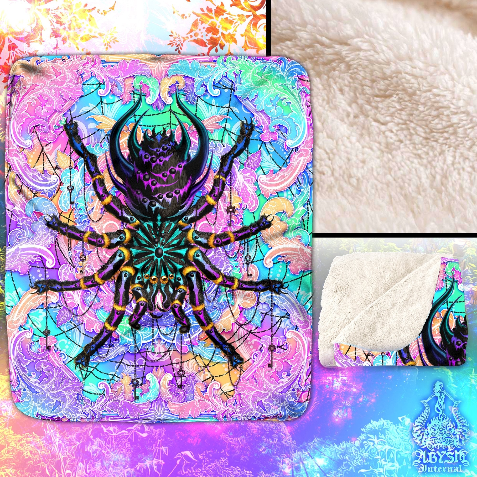 Psychedelic Throw Fleece Blanket, Aesthetic Home Decor, Holographic Gift, Eclectic and Funky Gift - Spider, Pastel Punk Black, Tarantula Art - Abysm Internal