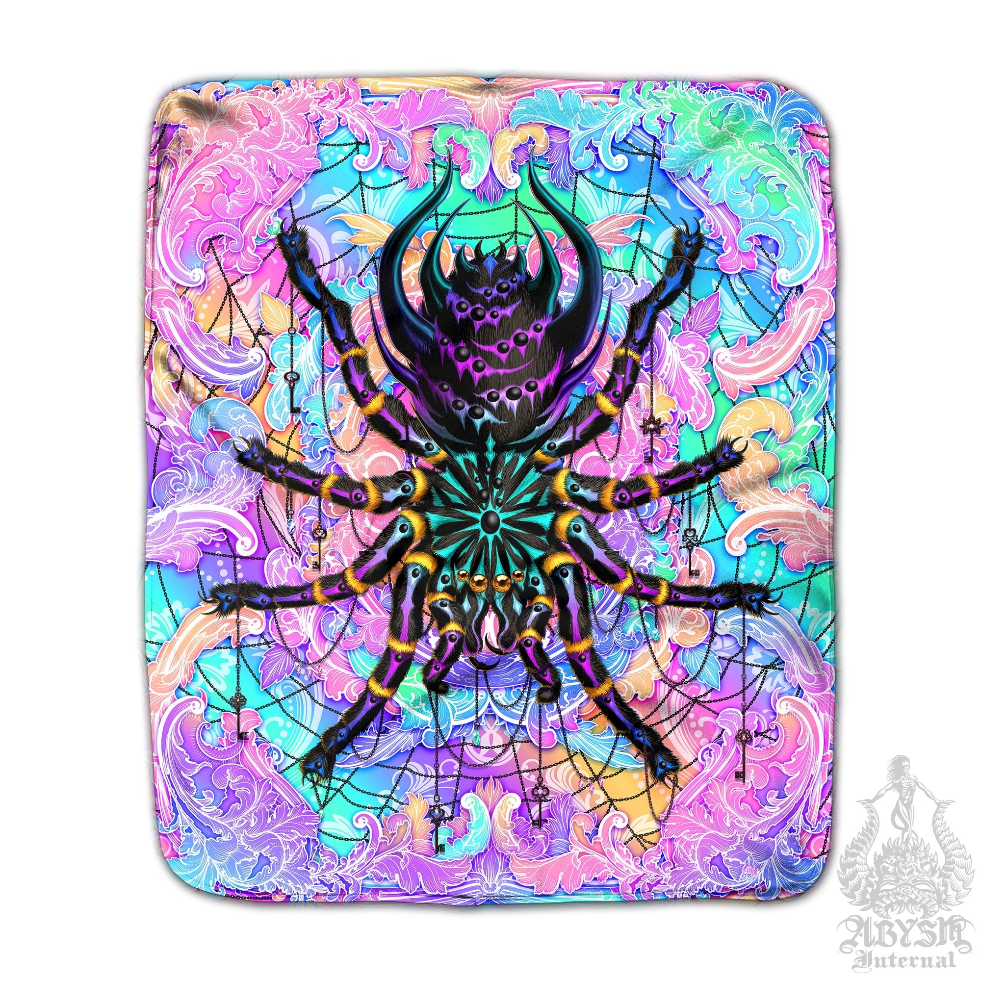 Psychedelic Throw Fleece Blanket, Aesthetic Home Decor, Holographic Gift, Eclectic and Funky Gift - Spider, Pastel Punk Black, Tarantula Art - Abysm Internal