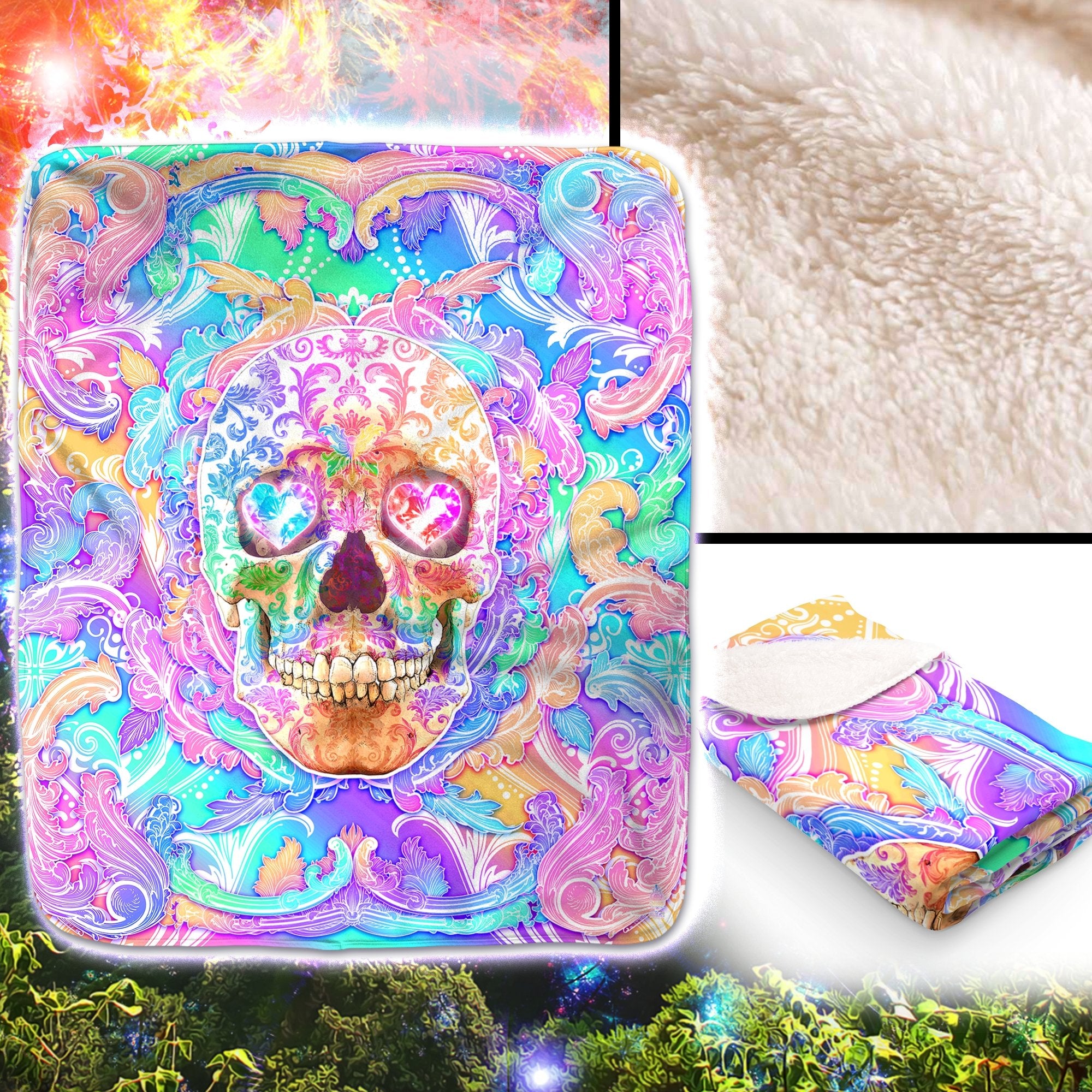 Psychedelic Throw Fleece Blanket, Holographic and Aesthetic Home Decor, Eclectic and Funky Gift - Pastel Skull - Abysm Internal